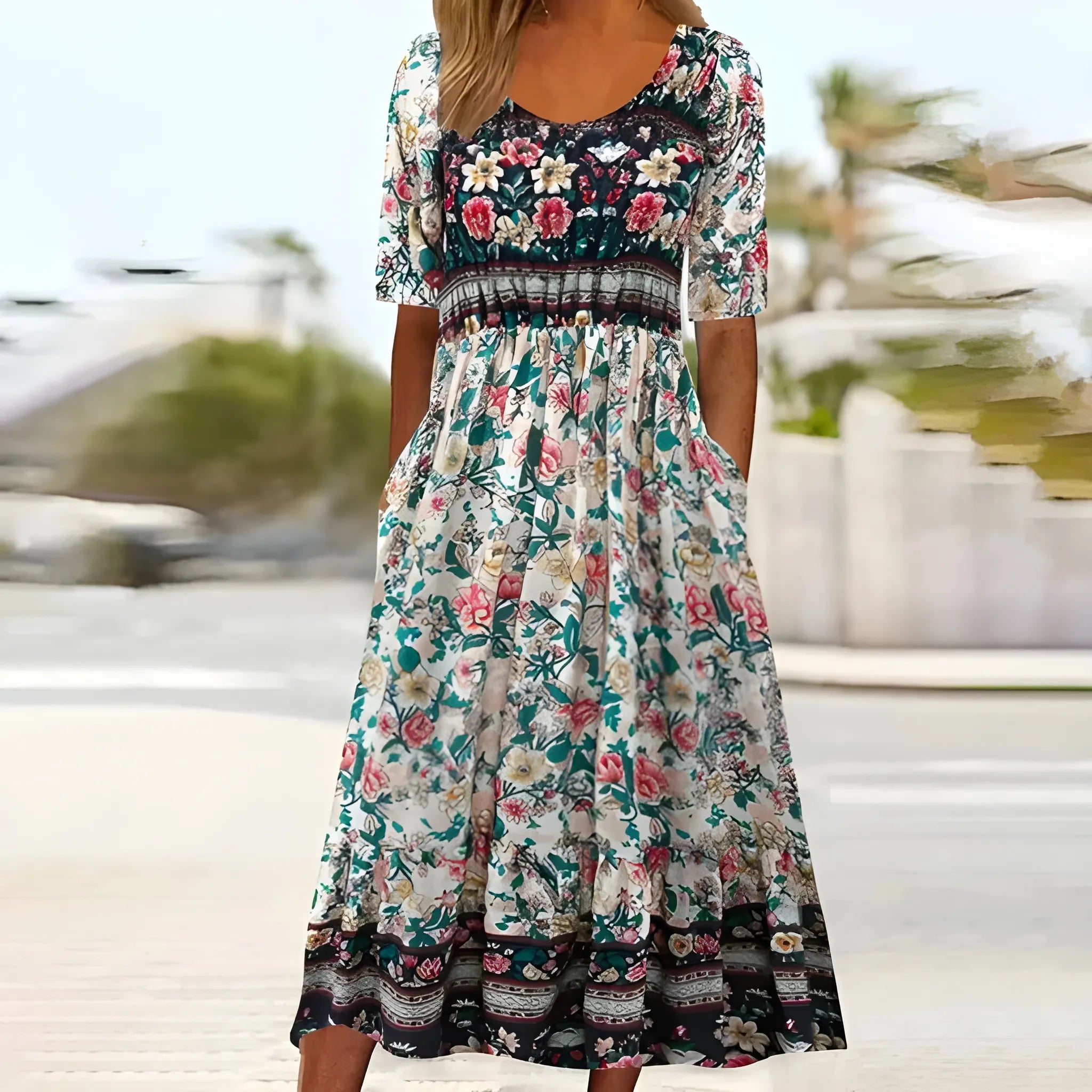 Women's Boho Midi Summer Dress with Square Neck and Tiered Skirt