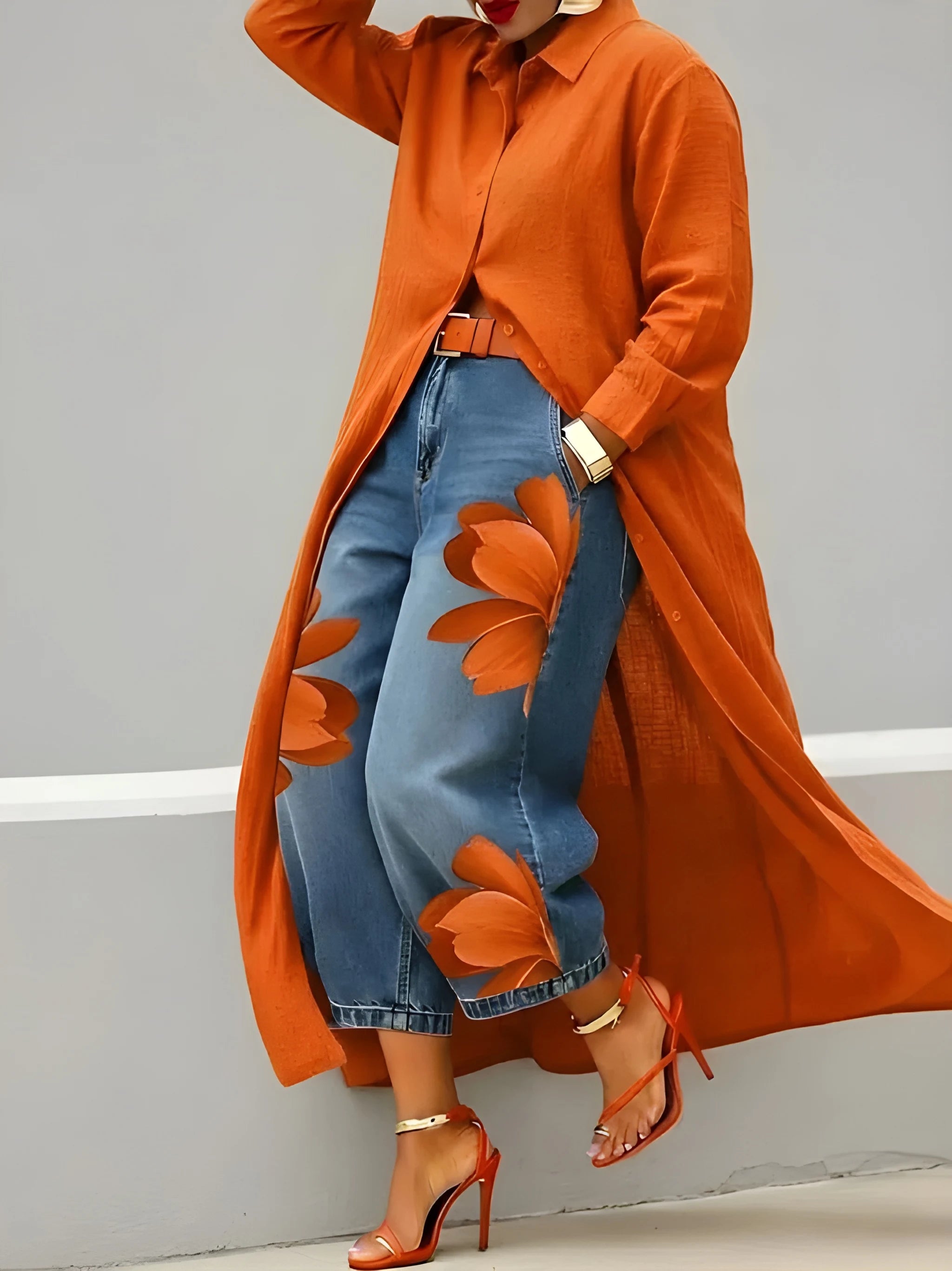 Women's Elegant Floral Midi Shirt Dress with Jeans