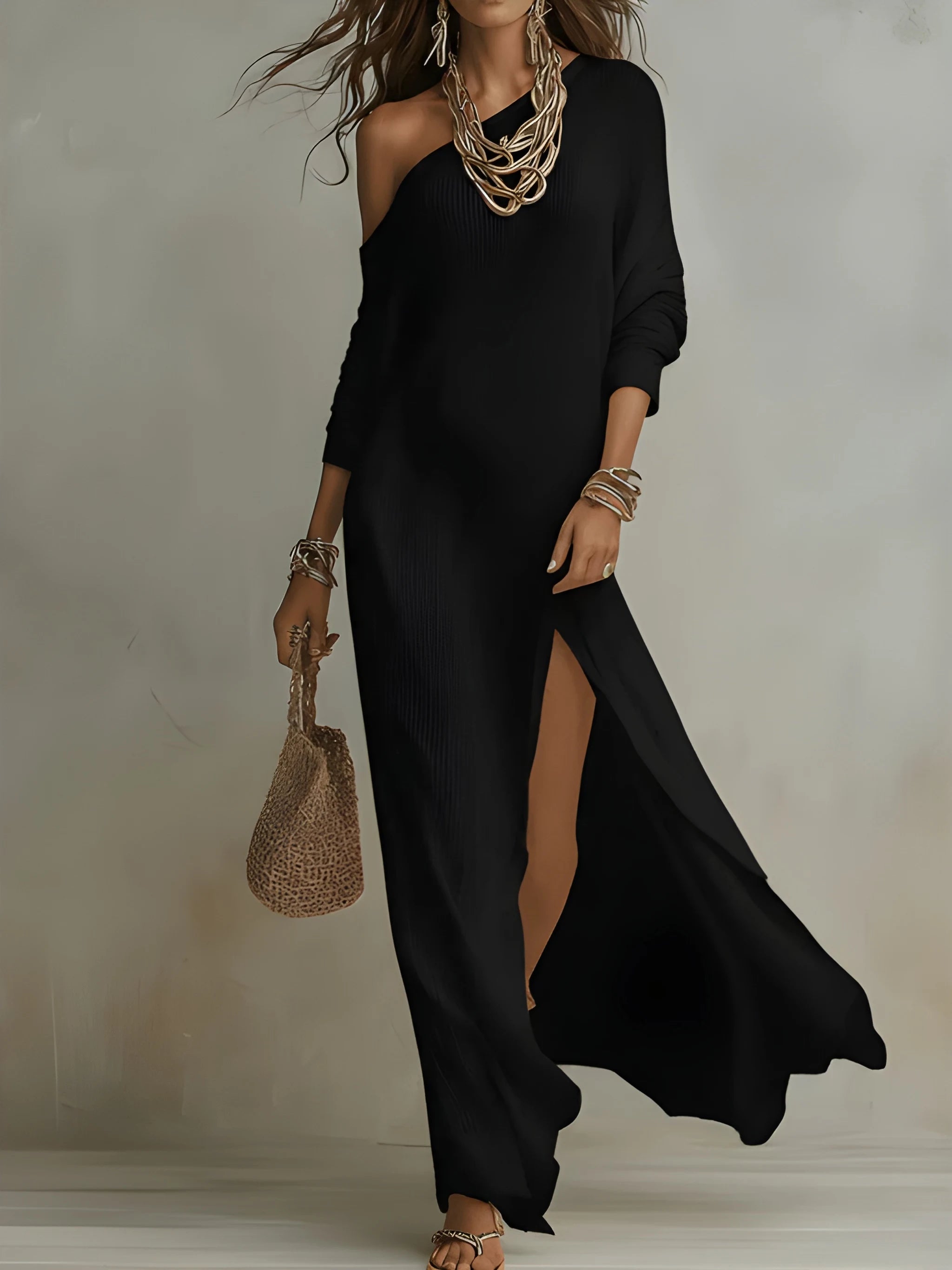 Women's Flowy Boho Maxi Summer Dress with One Shoulder