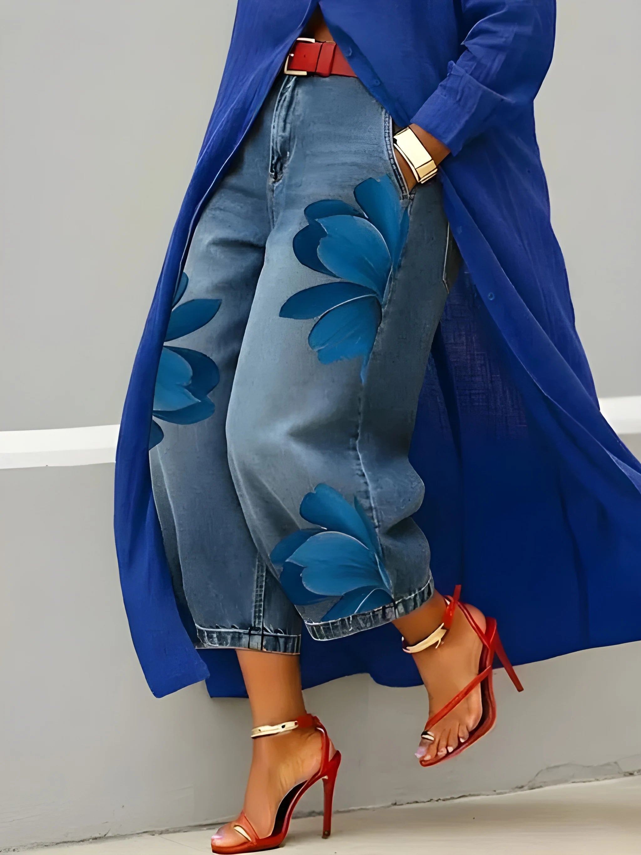 Women's Elegant Floral Midi Shirt Dress with Jeans