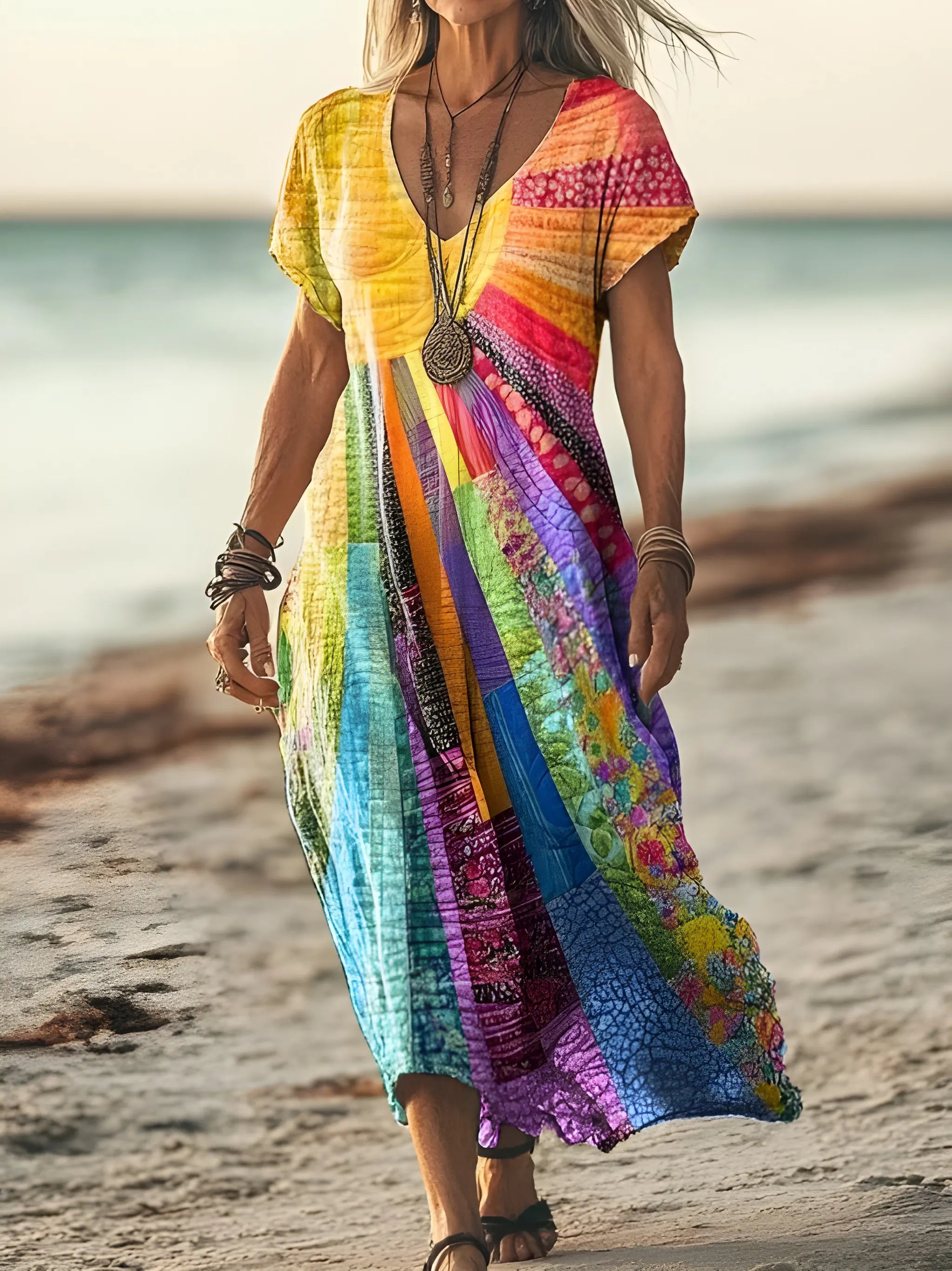 Women's Casual Boho Midi Summer Dress with Long Sleeve and Short Sleeve
