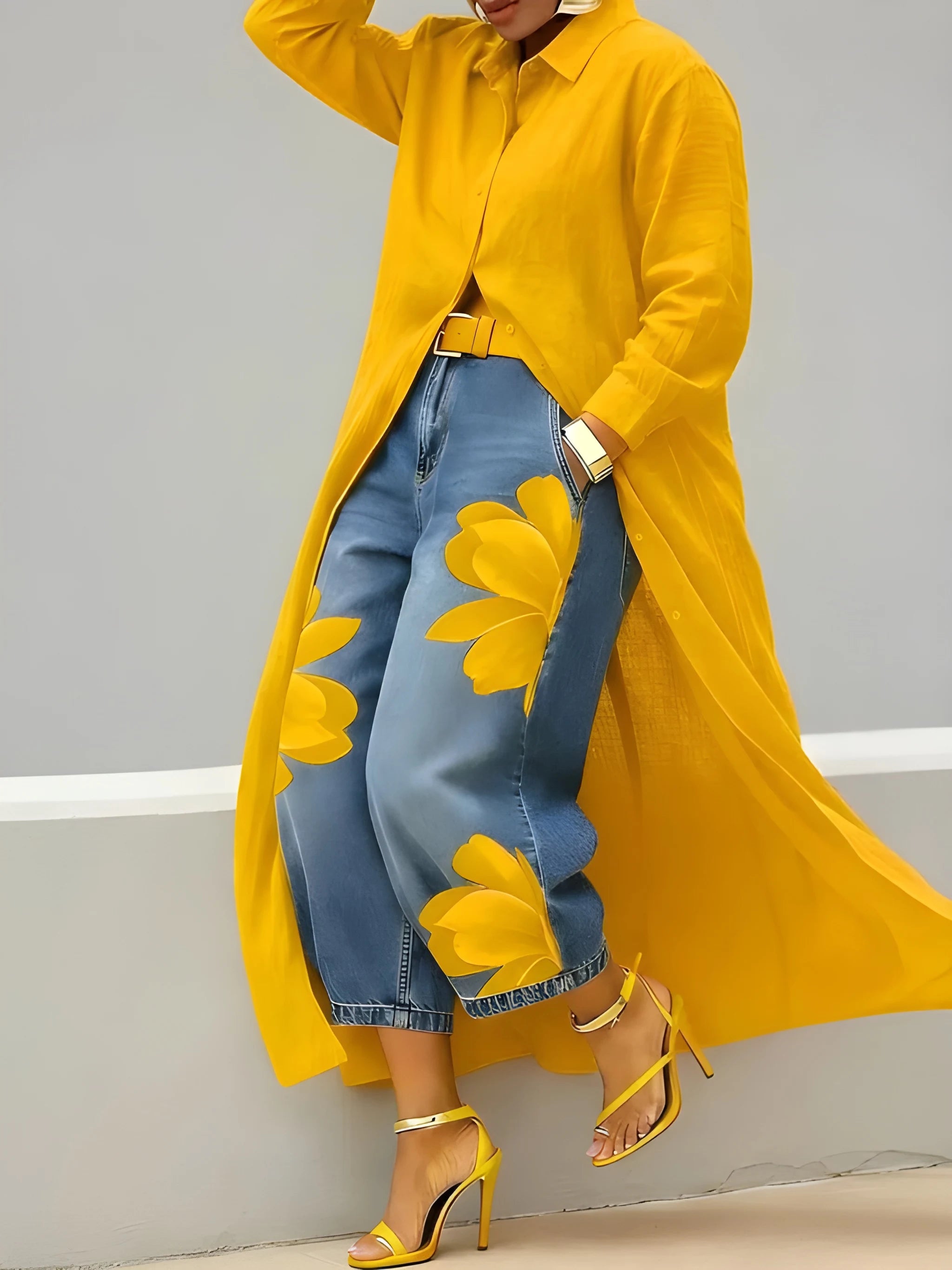 Women's Elegant Floral Midi Shirt Dress with Jeans