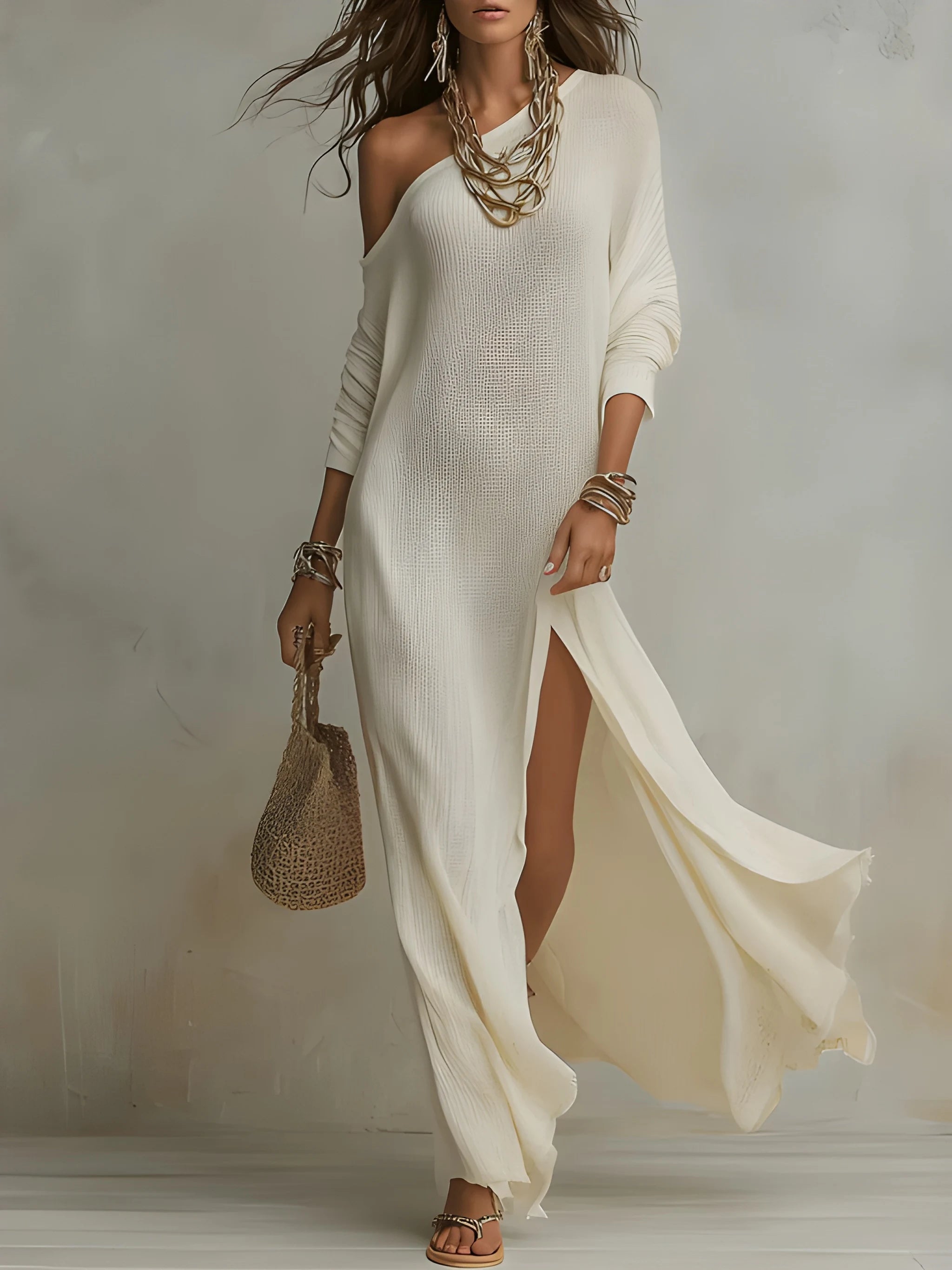 Women's Flowy Boho Maxi Summer Dress with One Shoulder