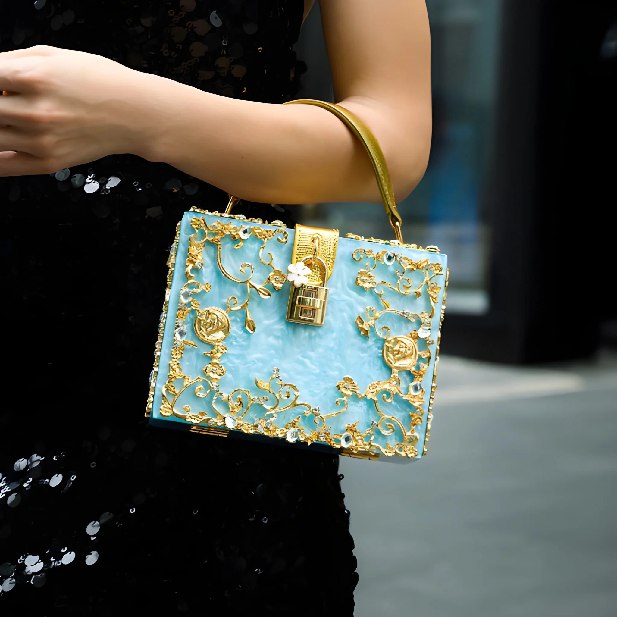 Women's Structured Hand Bag with Floral Embellishments and Top Handle