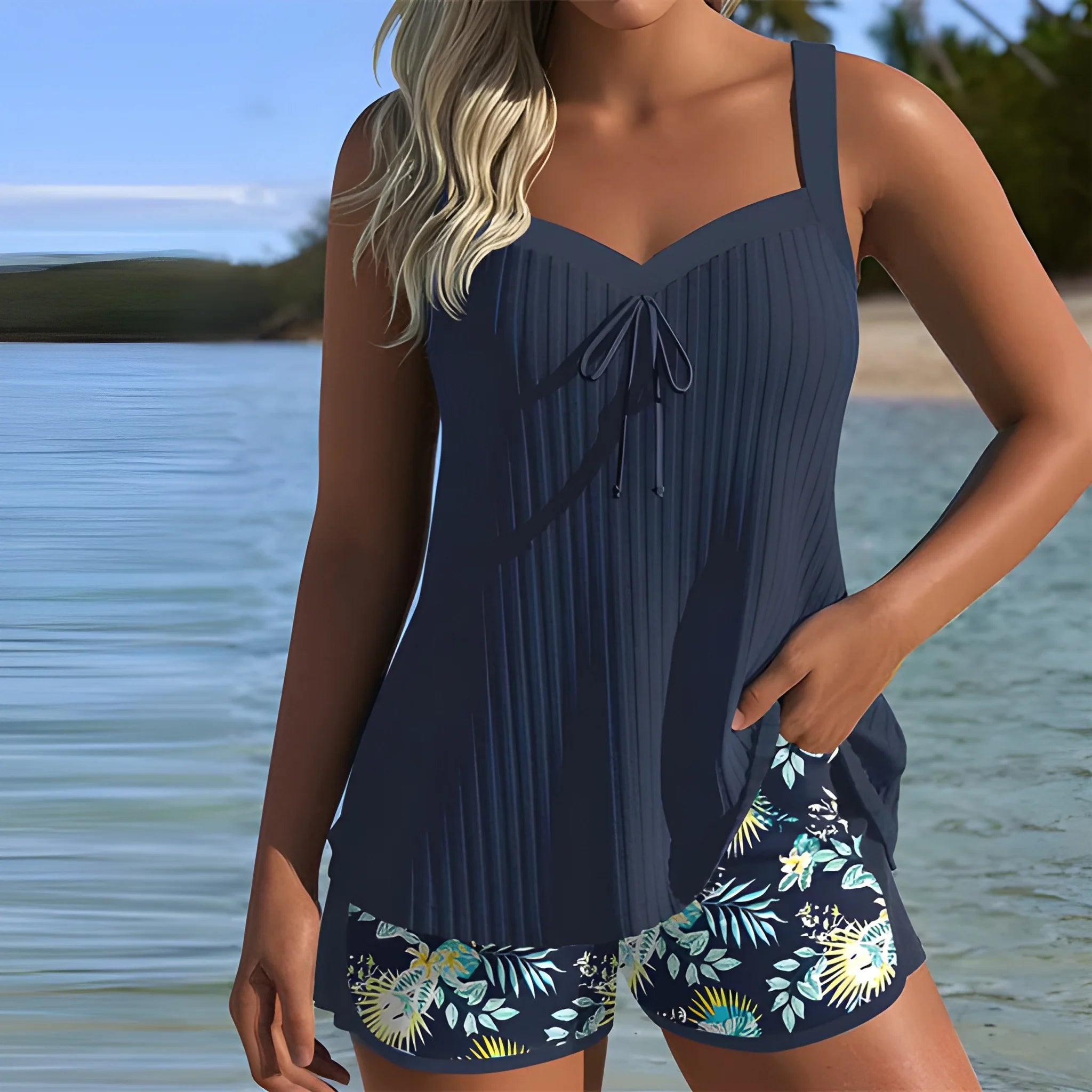Women's Striped Two Piece Tankini with Swim Shorts