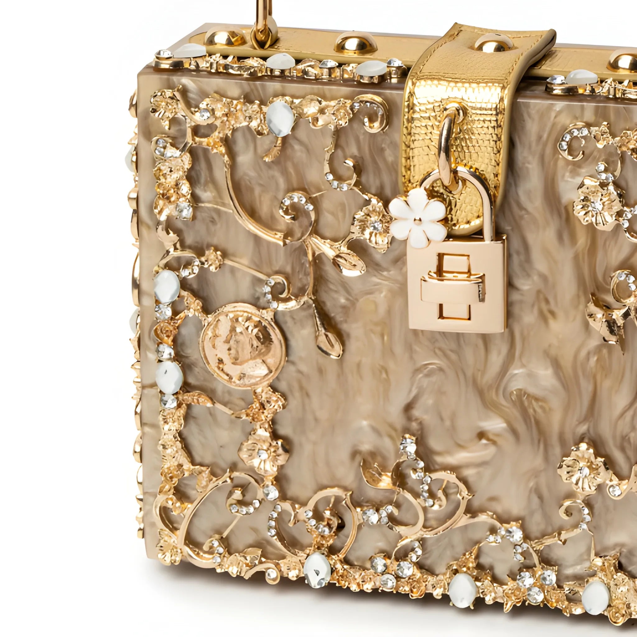Women's Structured Hand Bag with Floral Embellishments and Top Handle