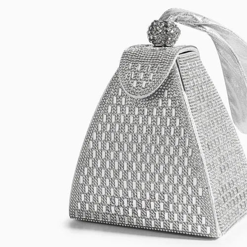 Women's Asymmetrical Hand Bag with Rhinestone Handle and Magnetic Closure