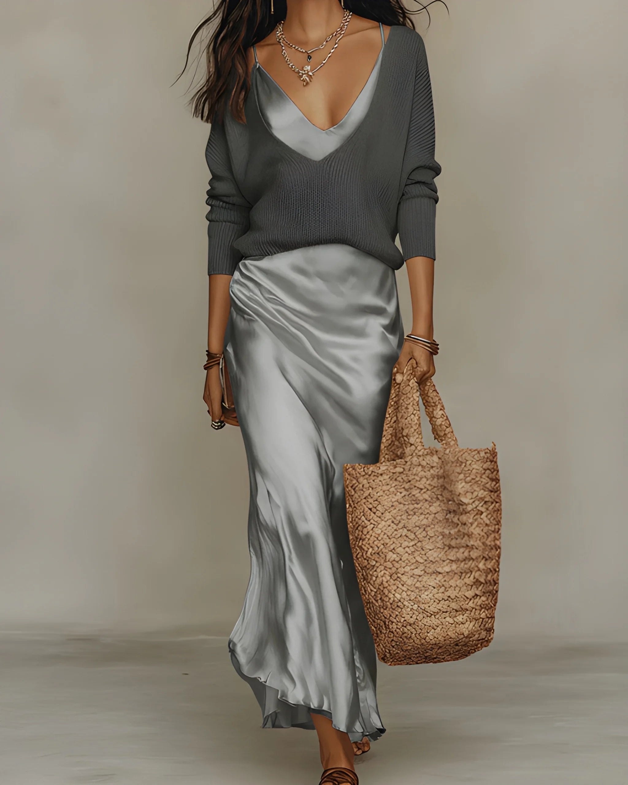 Women's Elegant Flowy Midi Summer Dress with Sweater Set