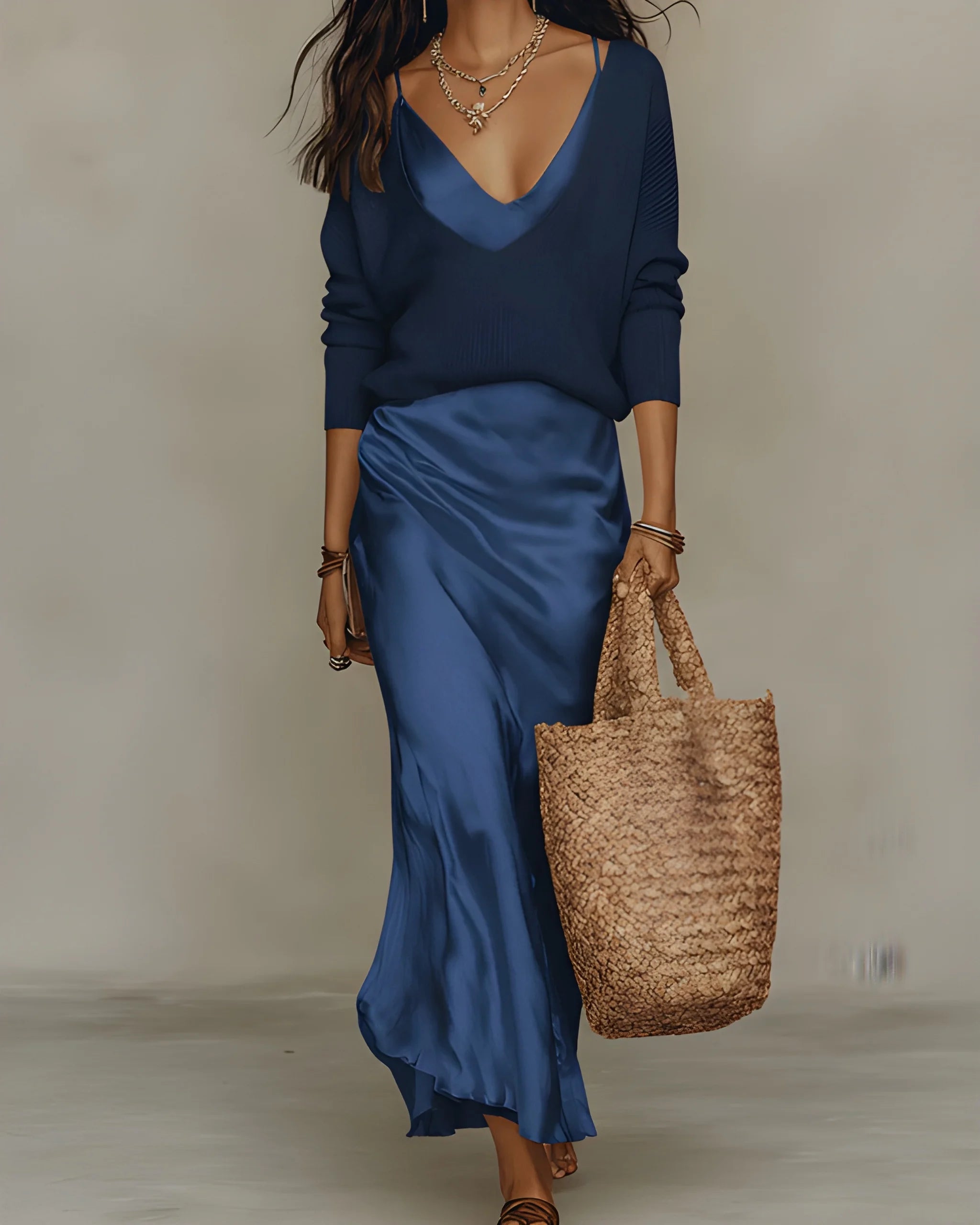 Women's Elegant Flowy Midi Summer Dress with Sweater Set