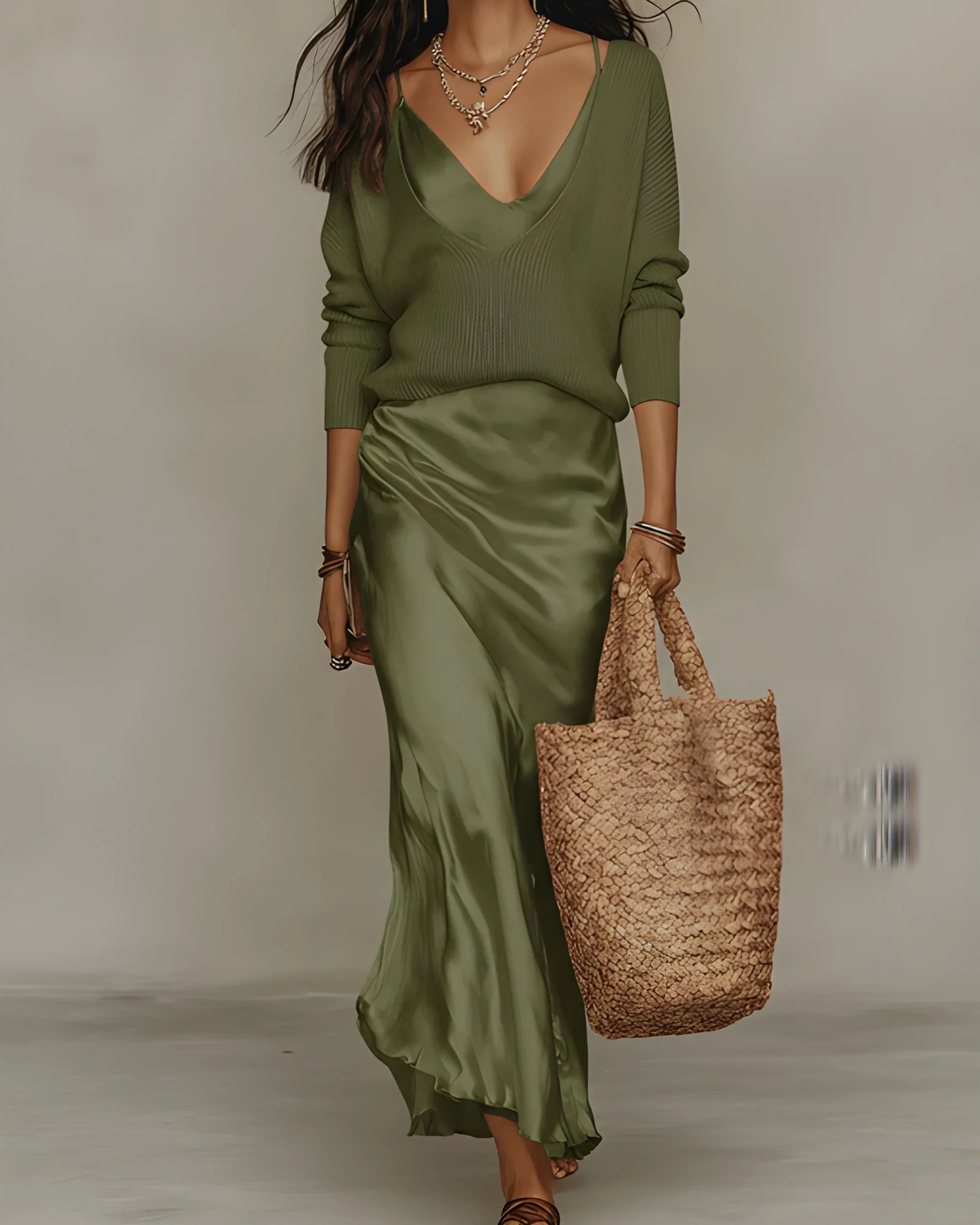 Women's Elegant Flowy Midi Summer Dress with Sweater Set