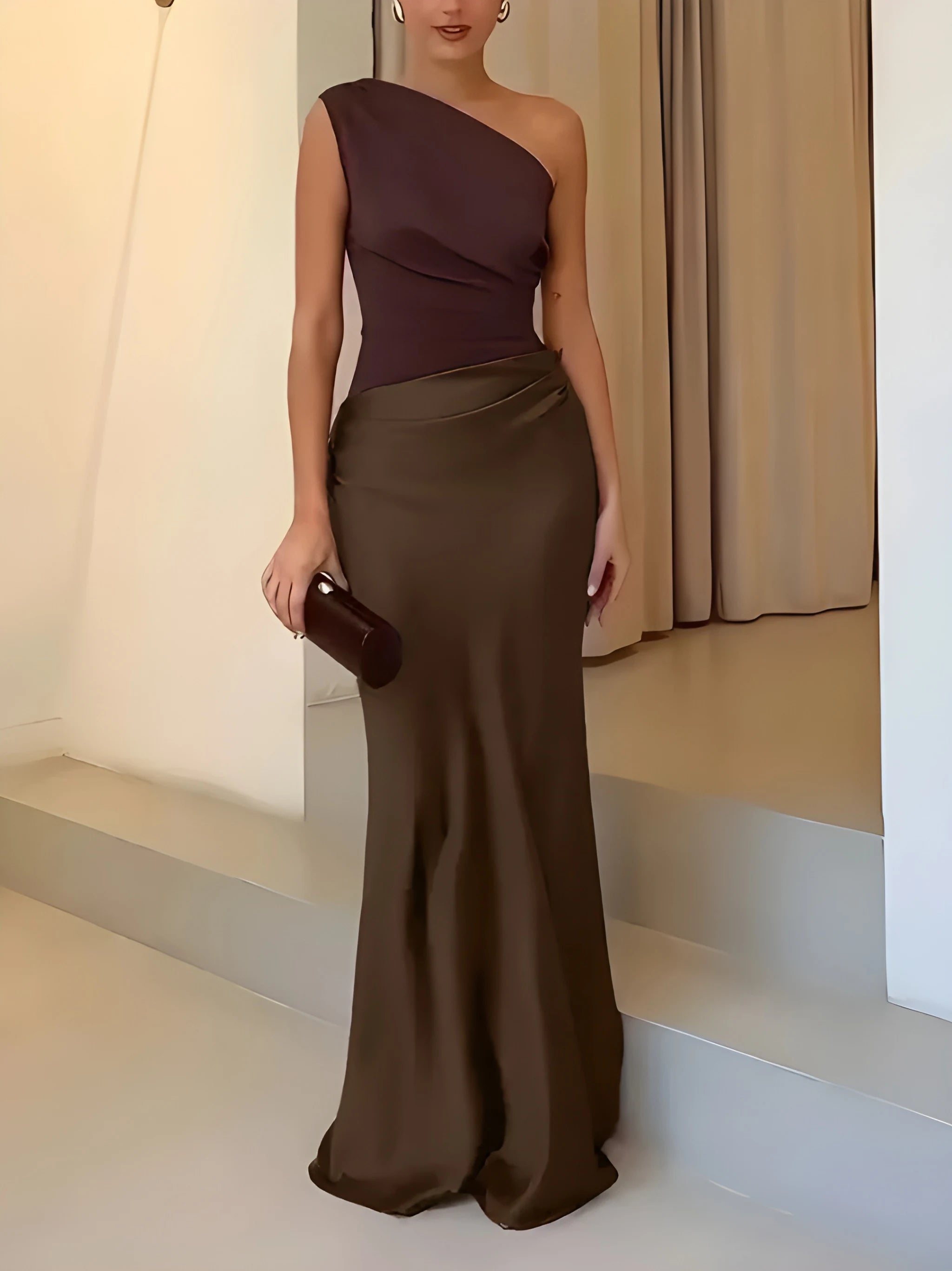 Women's Striking Pleated Maxi Wedding Guest Dress with Asymmetric Neckline and Floor-Length