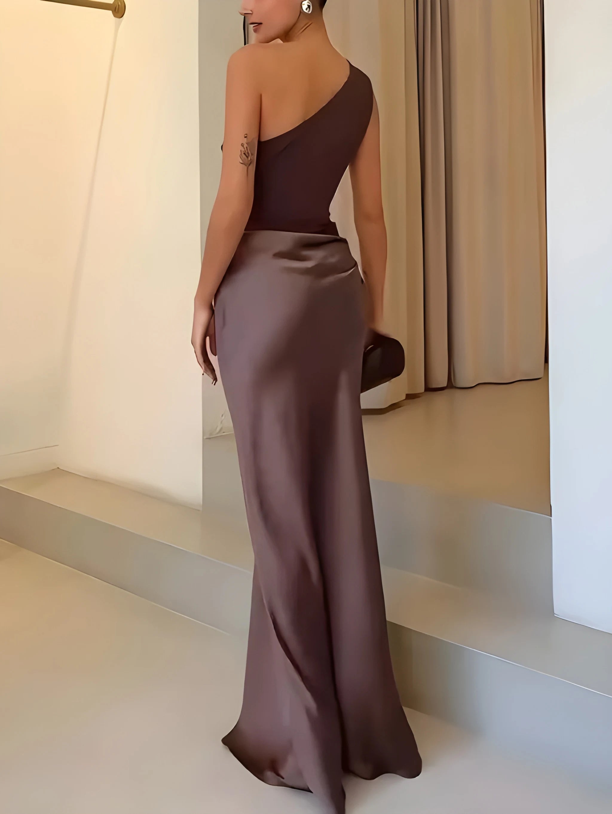 Women's Striking Pleated Maxi Wedding Guest Dress with Asymmetric Neckline and Floor-Length