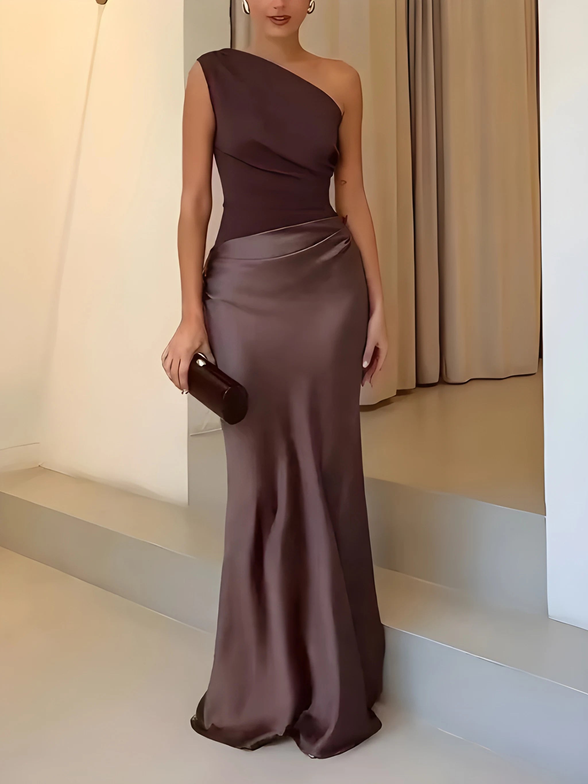 Women's Striking Pleated Maxi Wedding Guest Dress with Asymmetric Neckline and Floor-Length