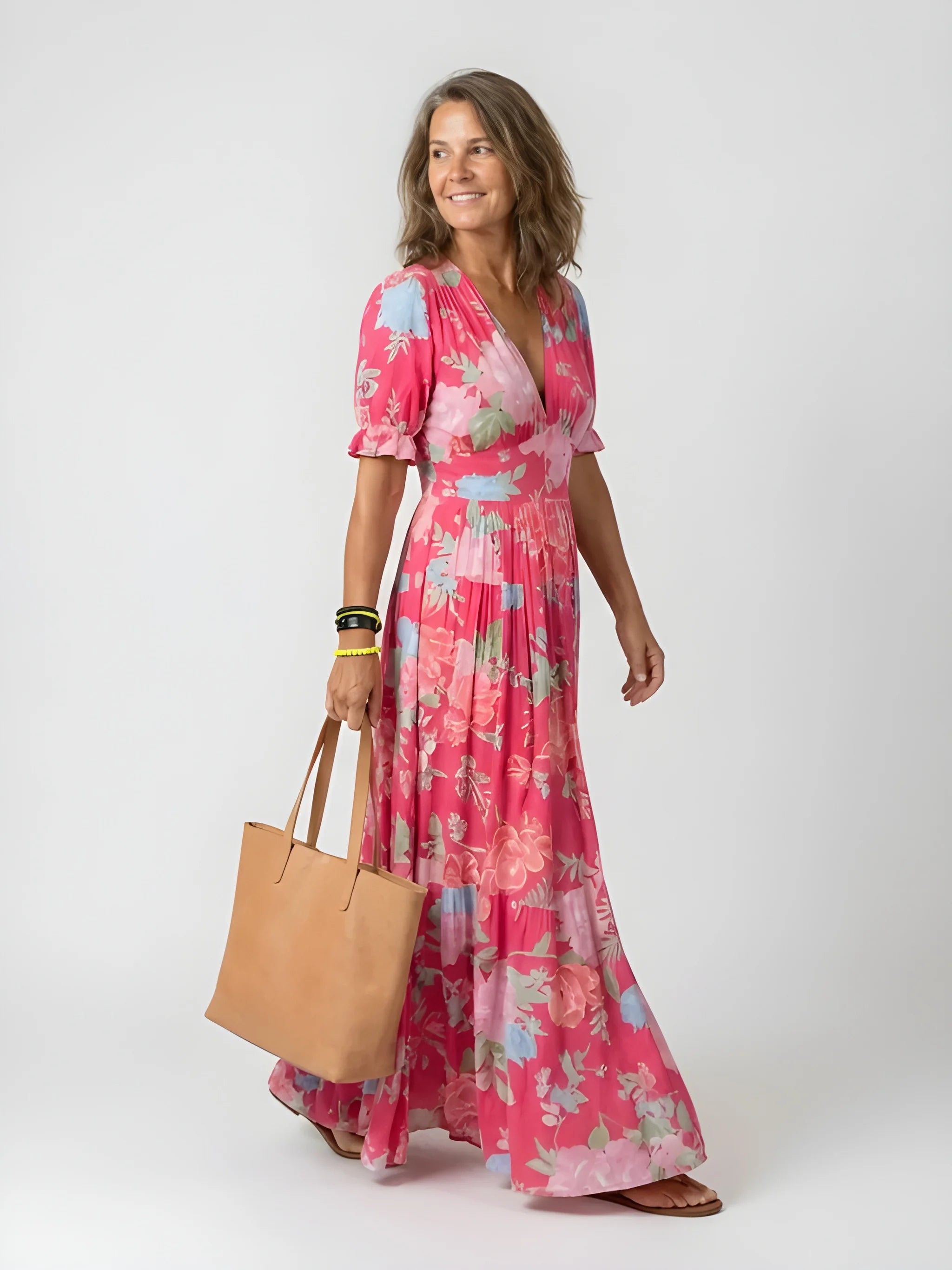 Women's Floral Boho Maxi Summer Dress with Short Sleeves
