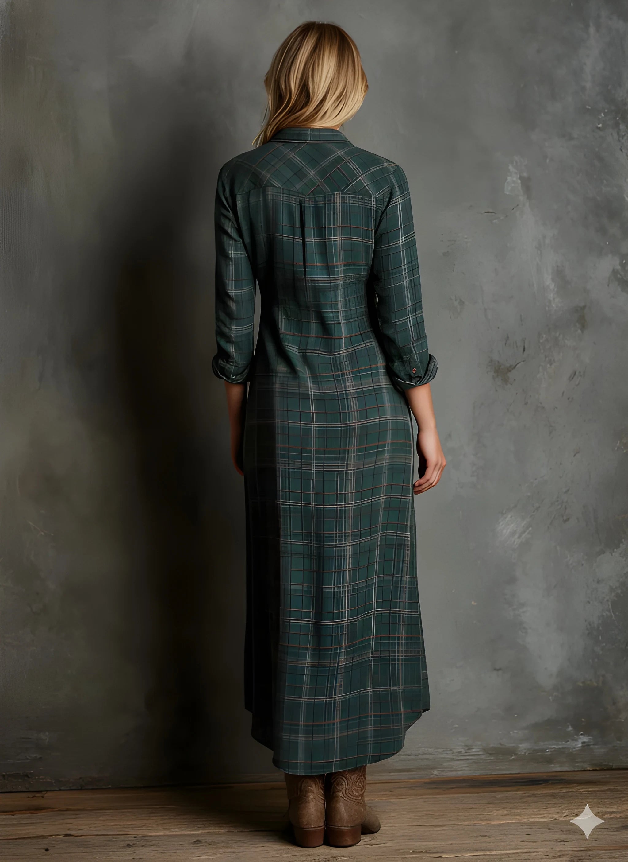 Women's Casual Plaid Maxi Summer Dress with Long Sleeves