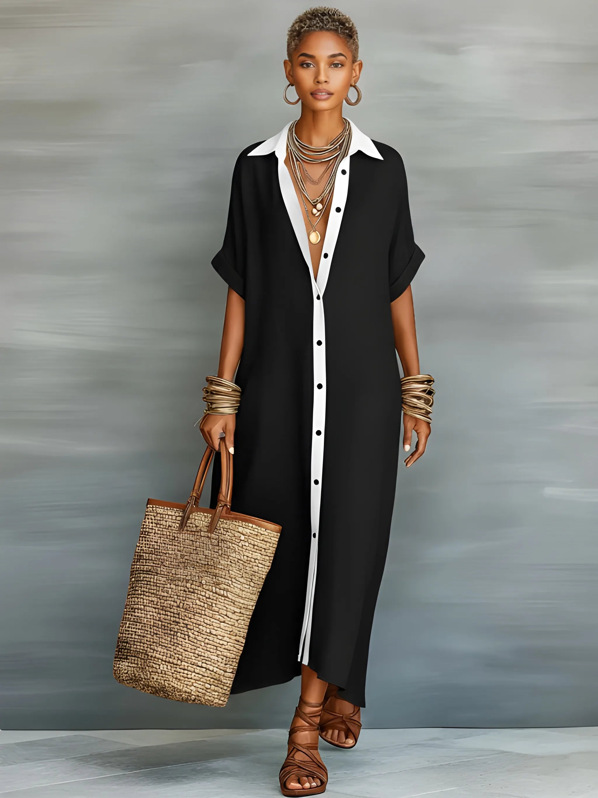 Women's Casual Flowy Maxi Summer Dress with Short Sleeve