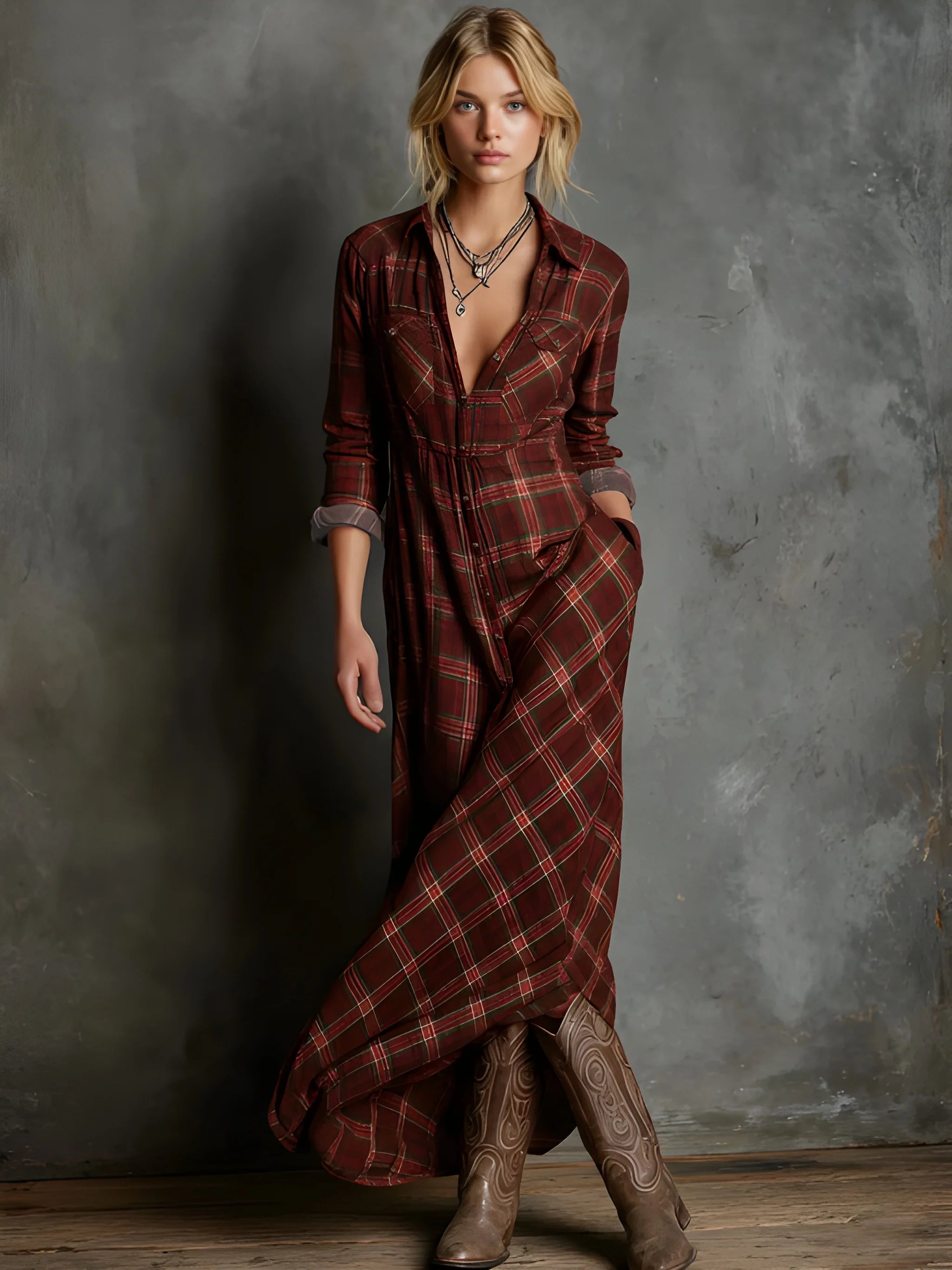 Women's Casual Plaid Maxi Summer Dress with Long Sleeves
