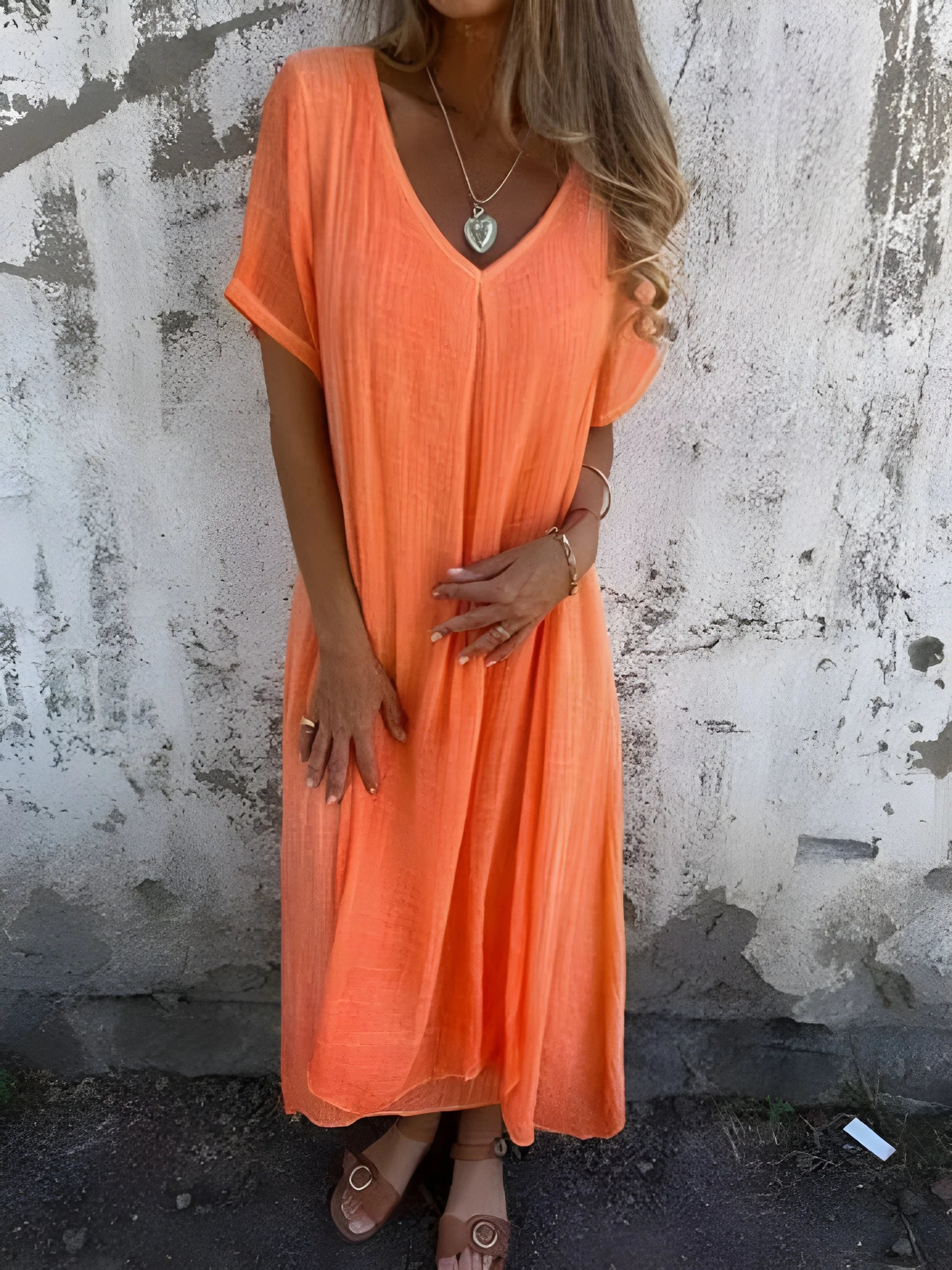Women's Casual Flowy Midi Summer Dress with V-Neck
