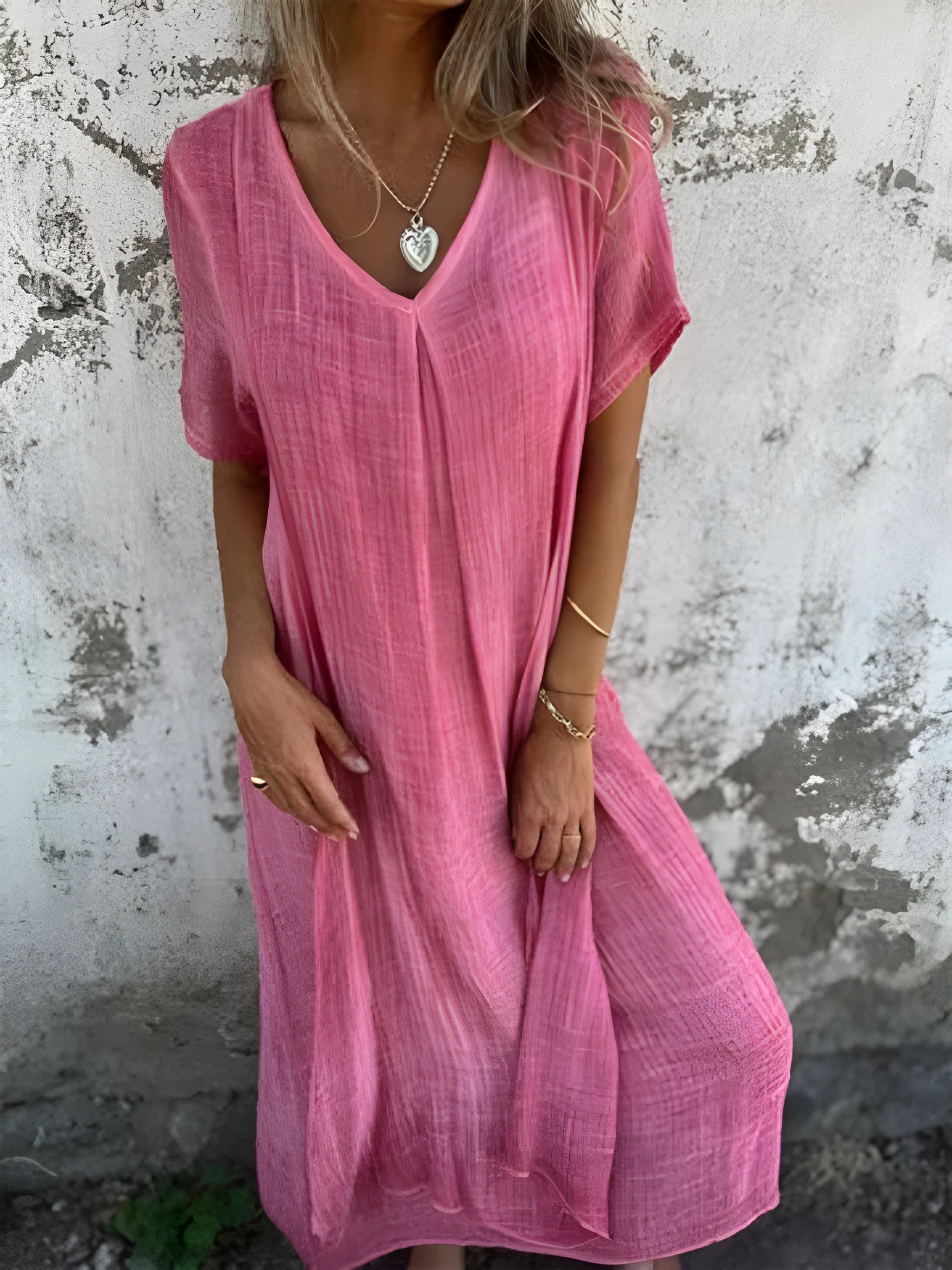 Women's Casual Flowy Midi Summer Dress with V-Neck