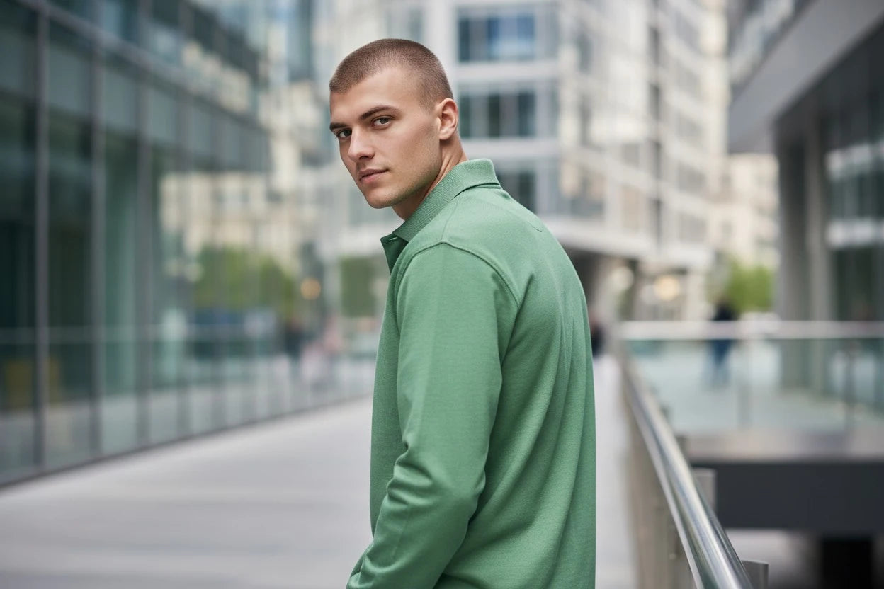 Man in a green sweater standing in an urban setting with modern buildings.