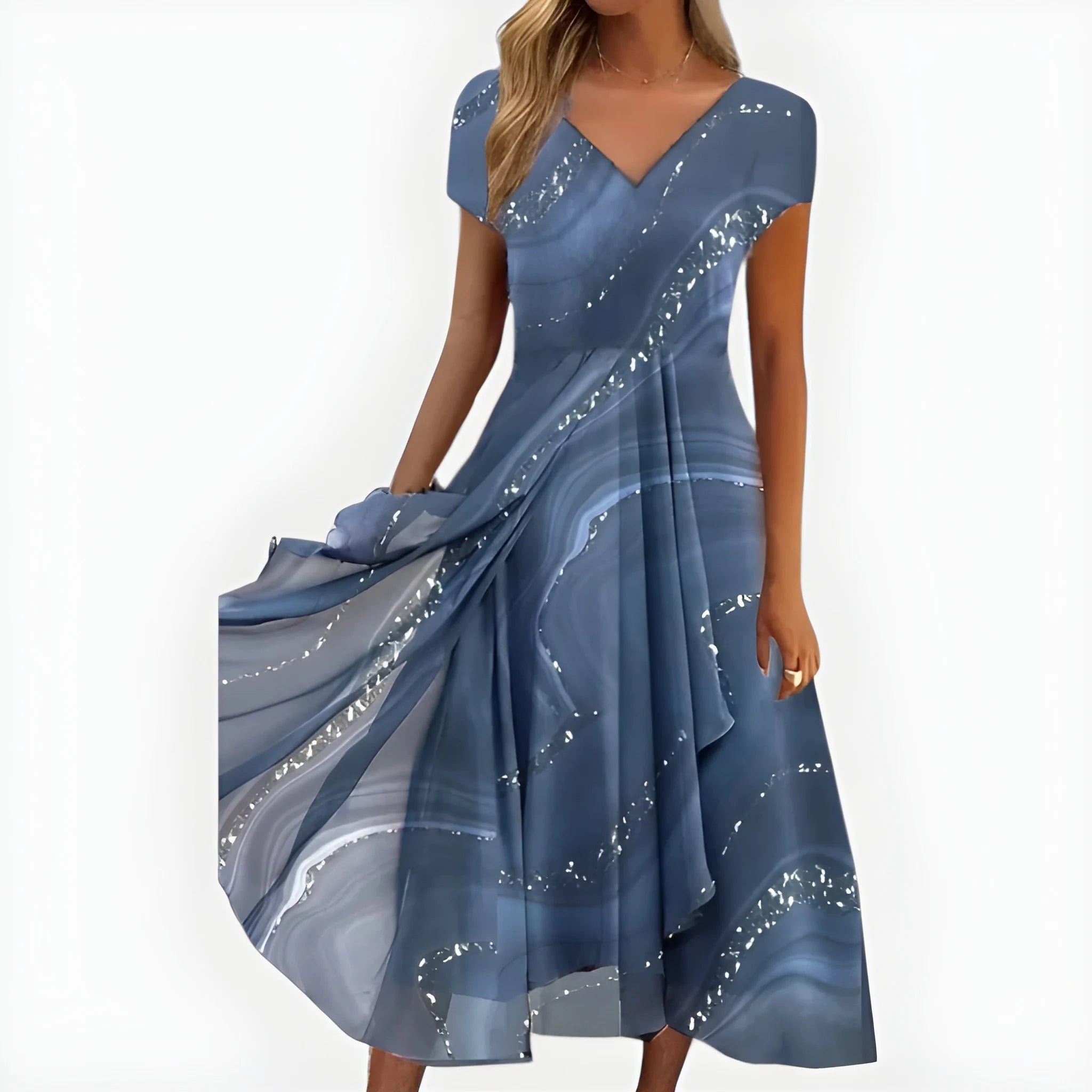 Women's Elegant Flowy Midi Summer Dress with V-Neck