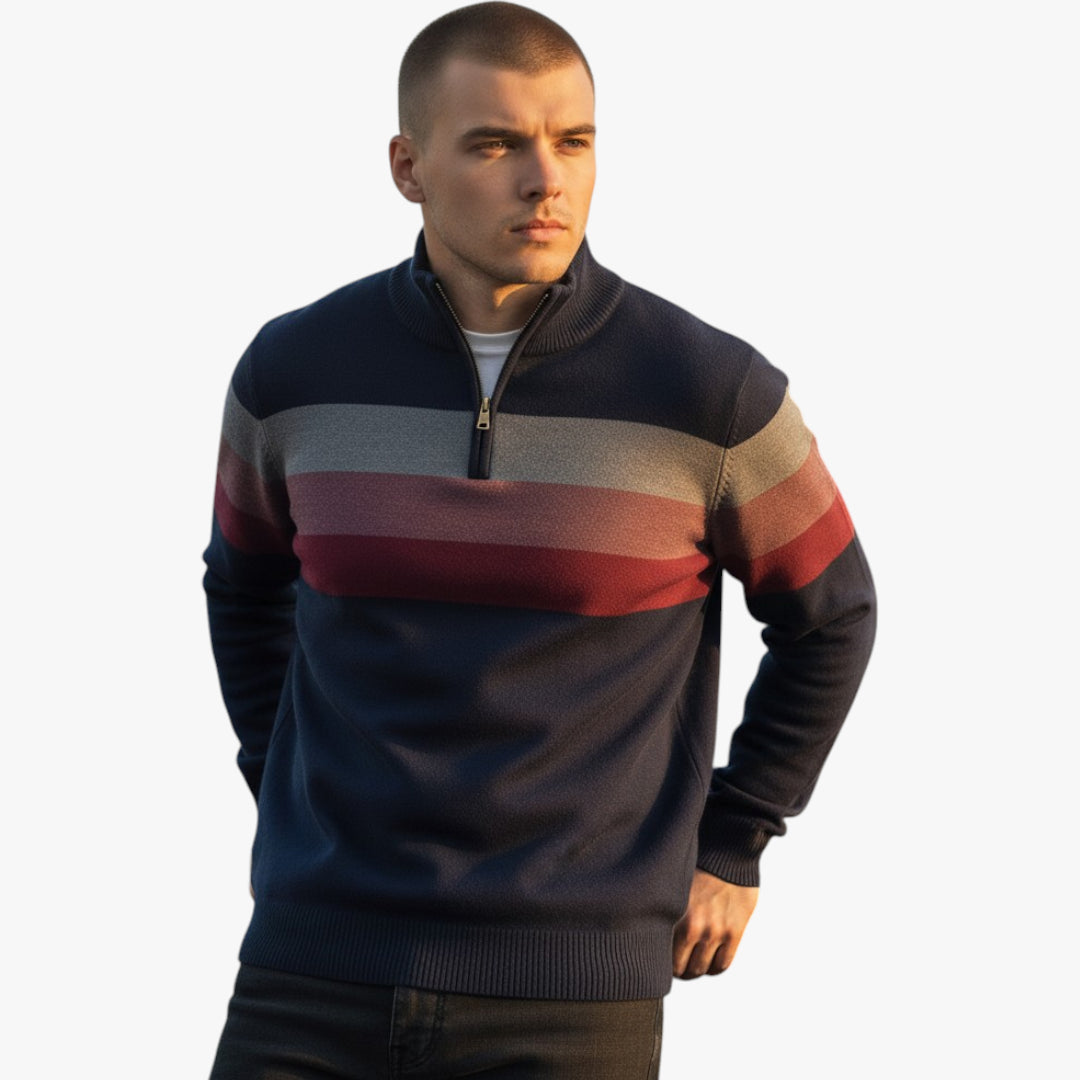 Man wearing a striped sweater with a white background