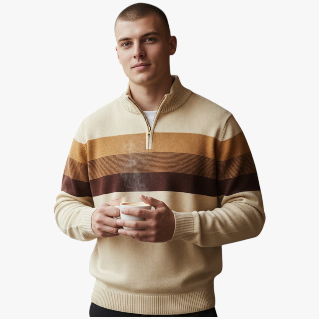 Man wearing a striped sweater holding a steaming cup on a white background