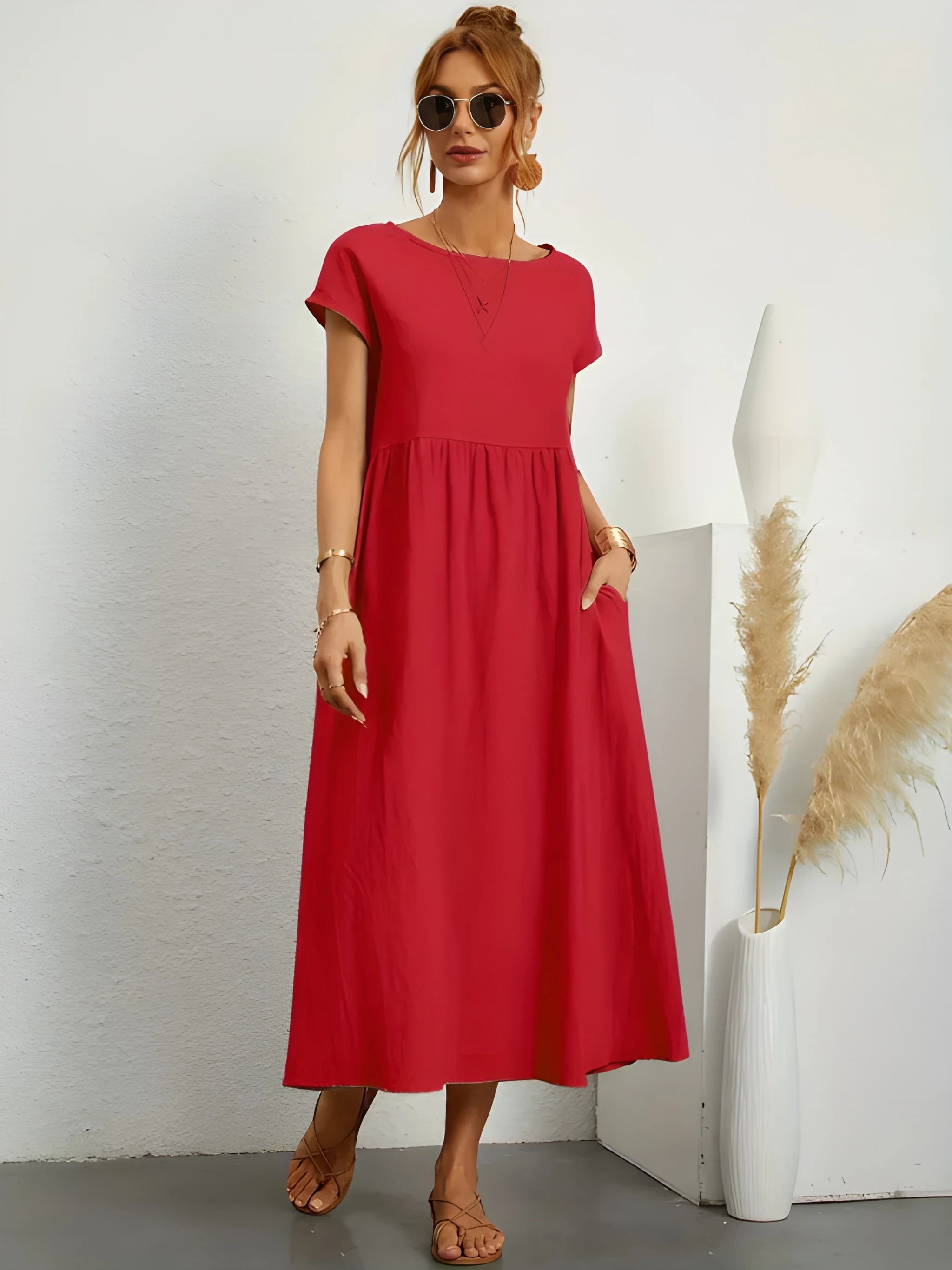 Women's Elegant Flowy Midi Summer Dress with Short Sleeves