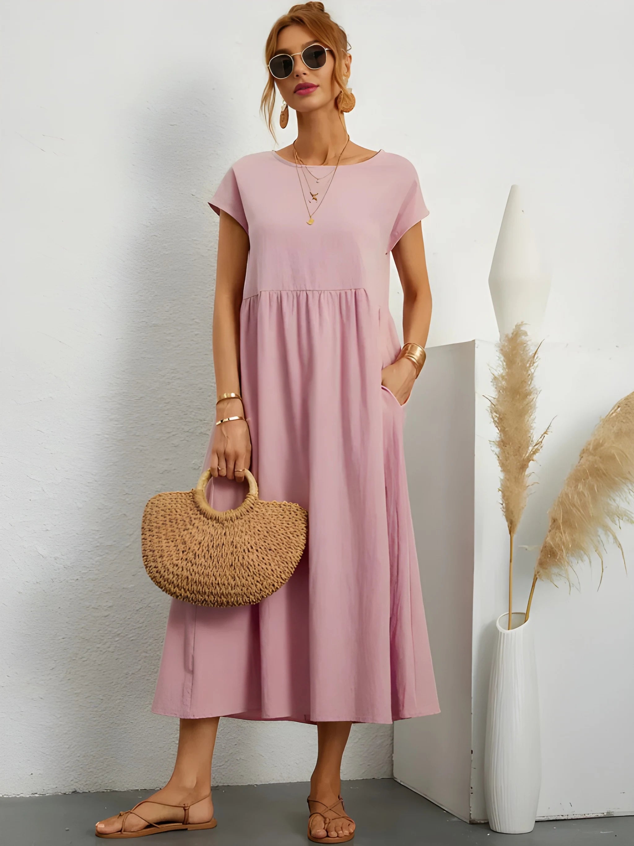 Women's Elegant Flowy Midi Summer Dress with Short Sleeves