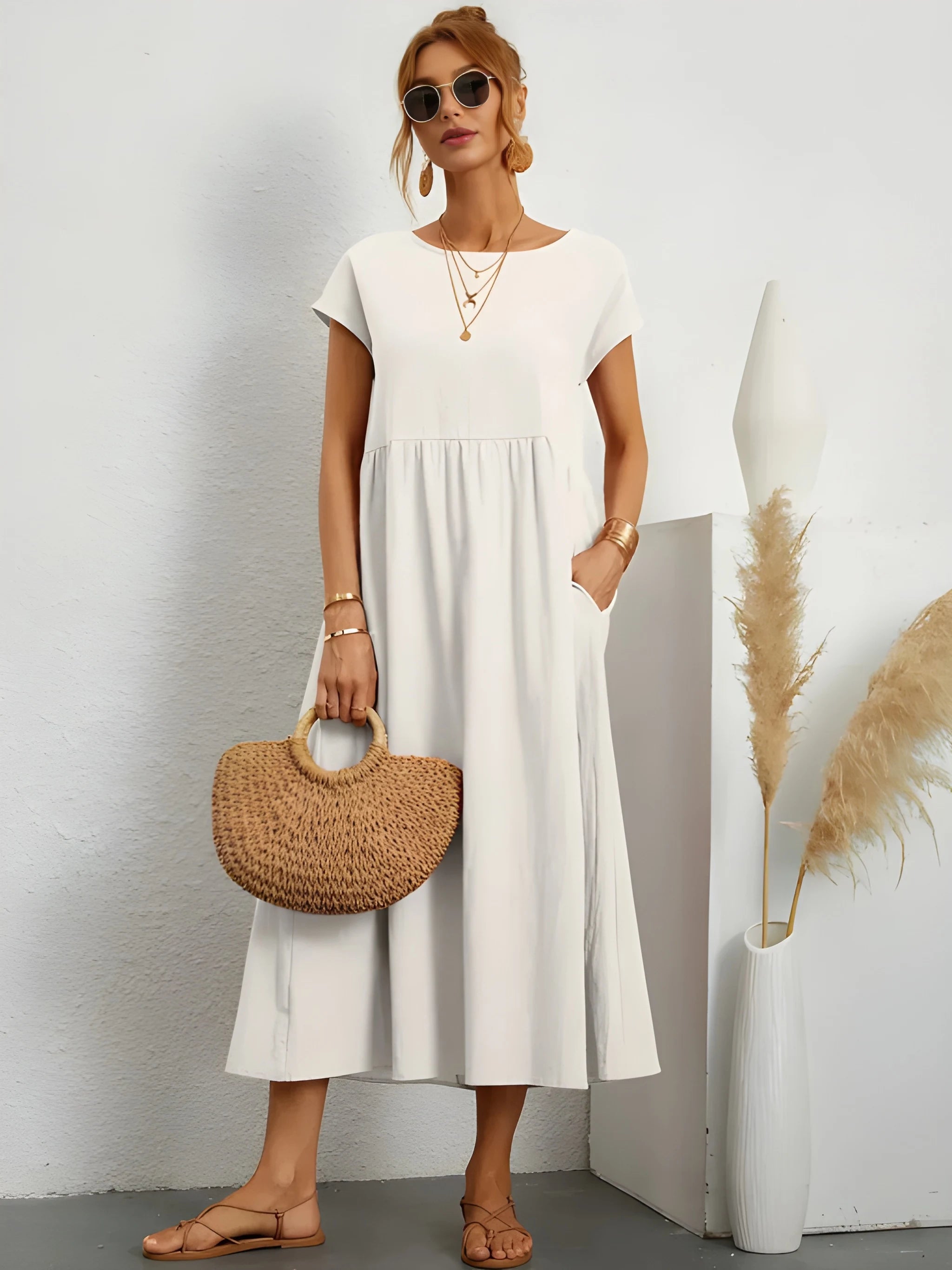 Women's Elegant Flowy Midi Summer Dress with Short Sleeves