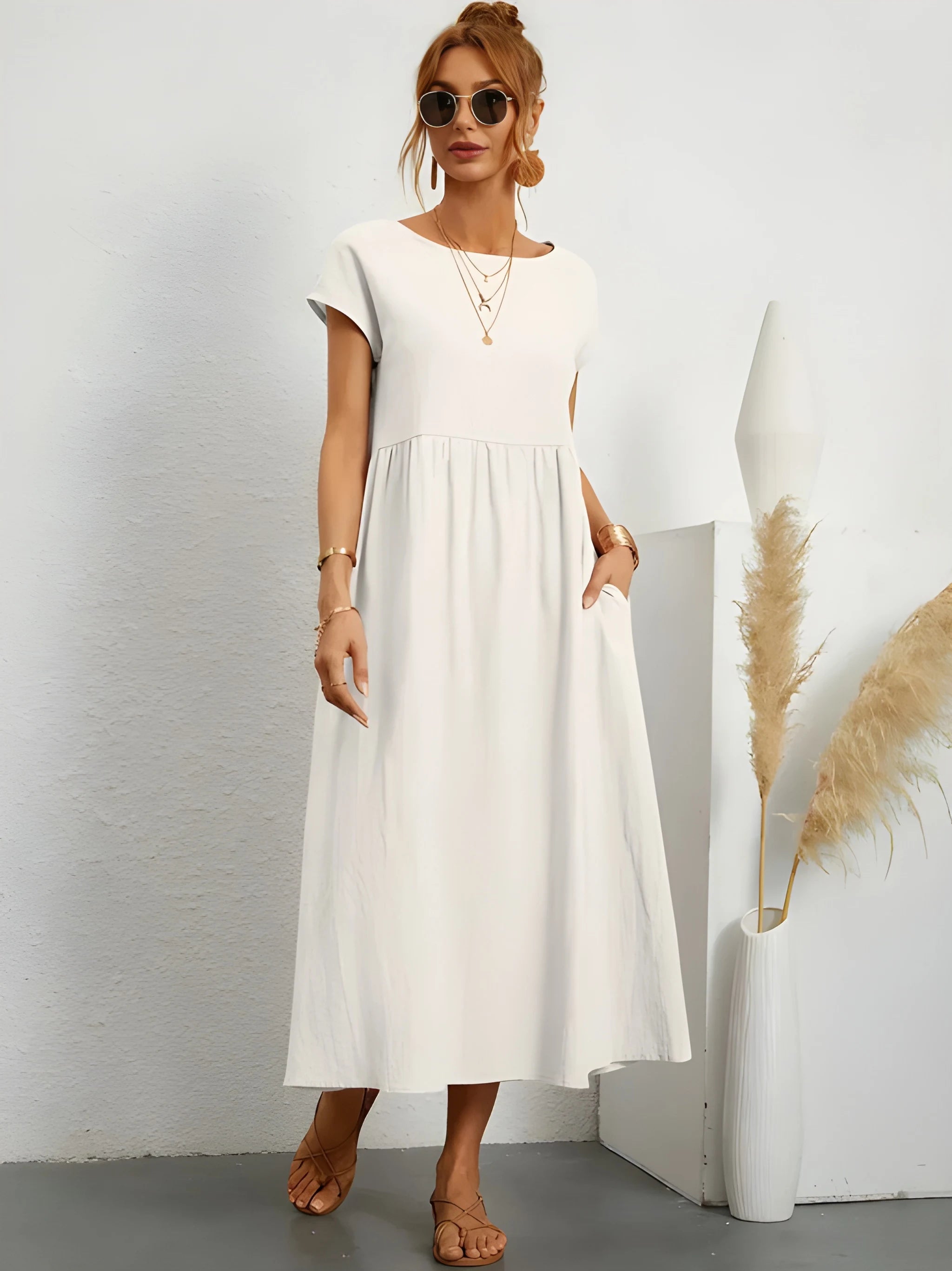 Women's Elegant Flowy Midi Summer Dress with Short Sleeves