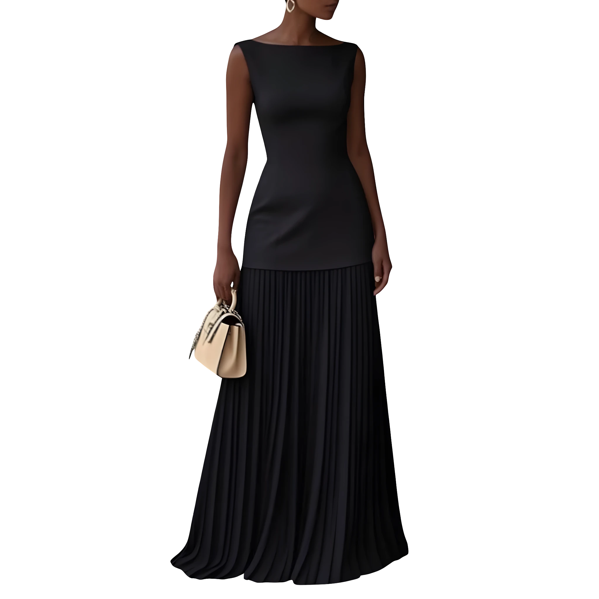 Women's Formal Maxi Dress with Square Neckline and Pleated Skirt