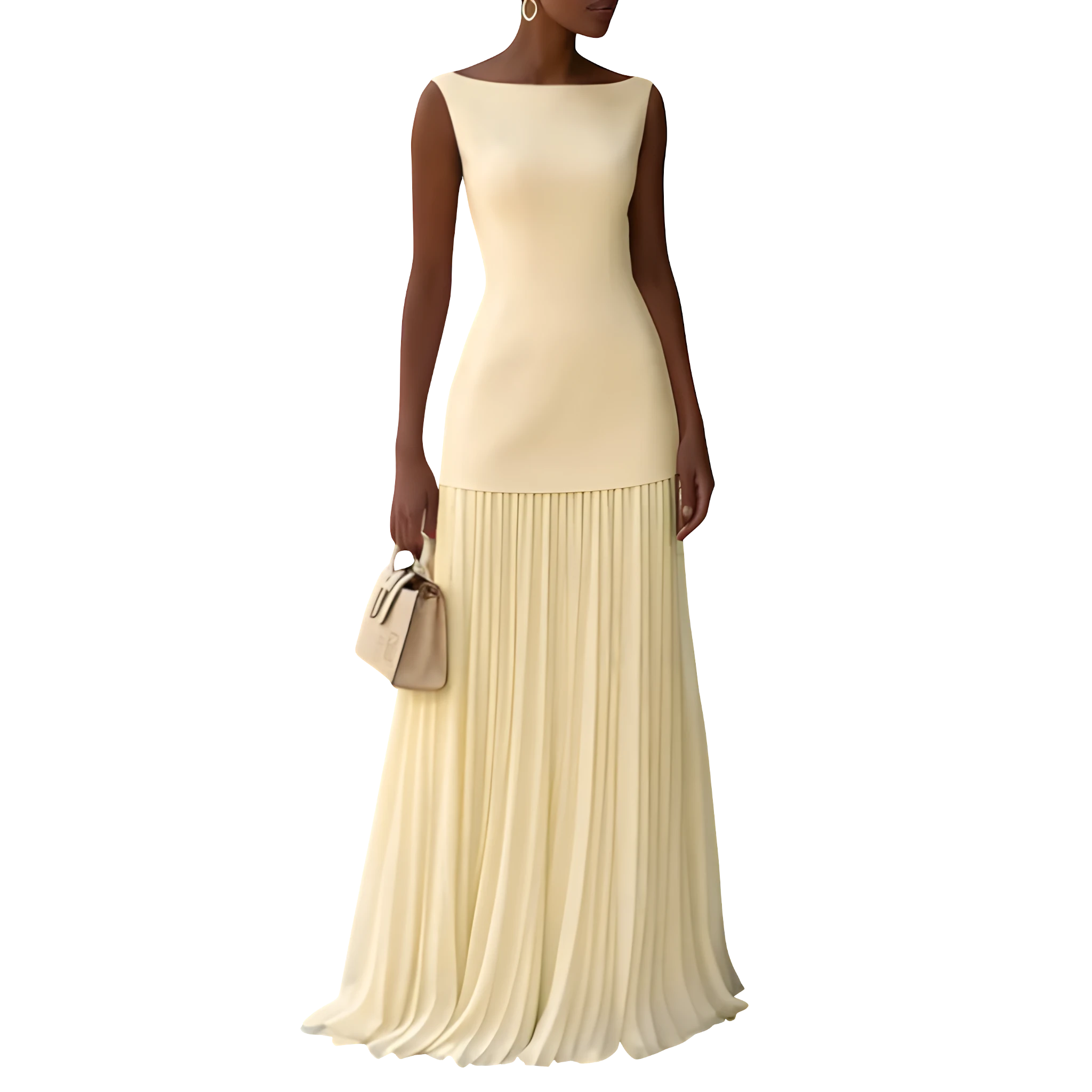 Women's Formal Maxi Dress with Square Neckline and Pleated Skirt