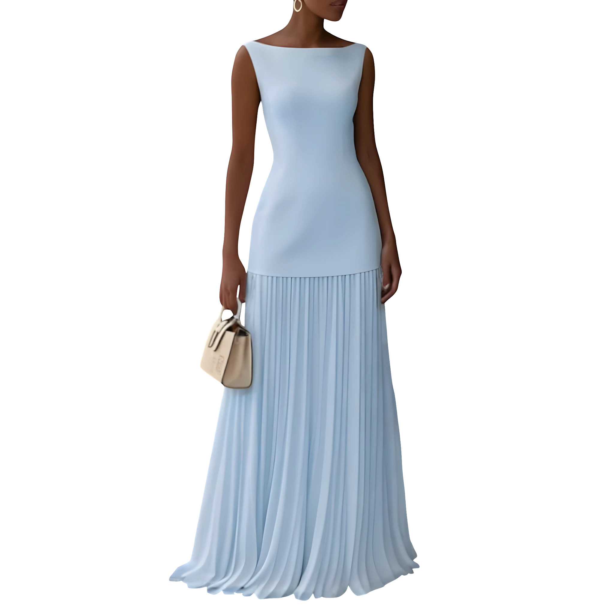 Women's Formal Maxi Dress with Square Neckline and Pleated Skirt