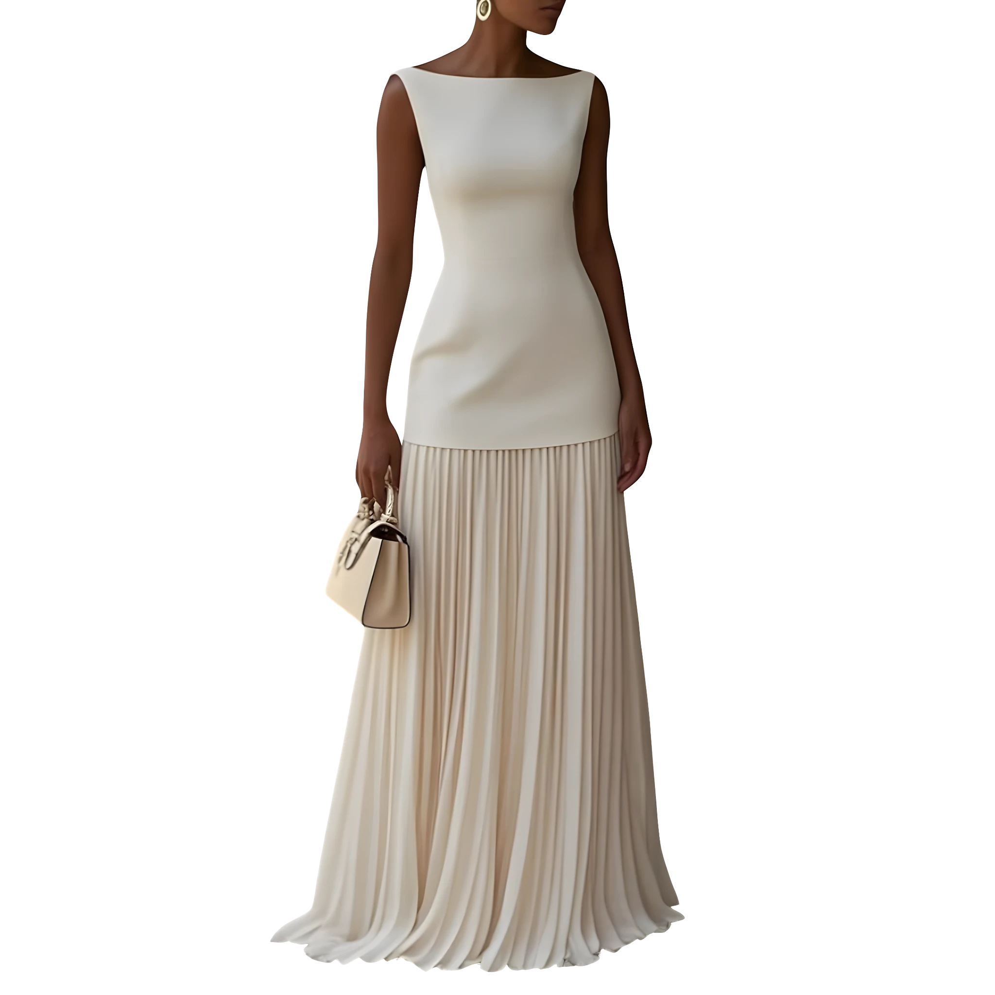 Women's Formal Maxi Dress with Square Neckline and Pleated Skirt
