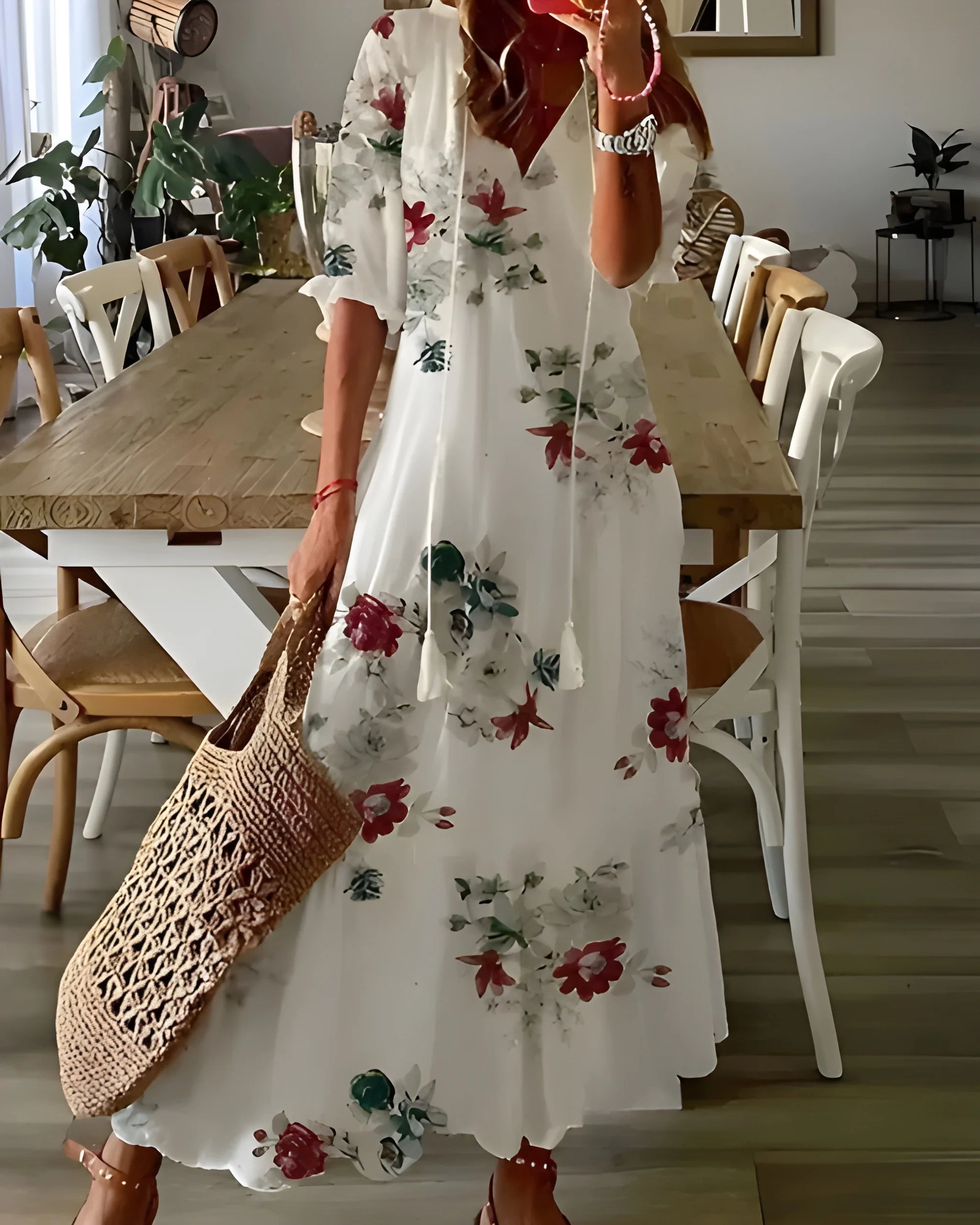Women's Floral Boho Maxi Summer Dress with Tassel Details