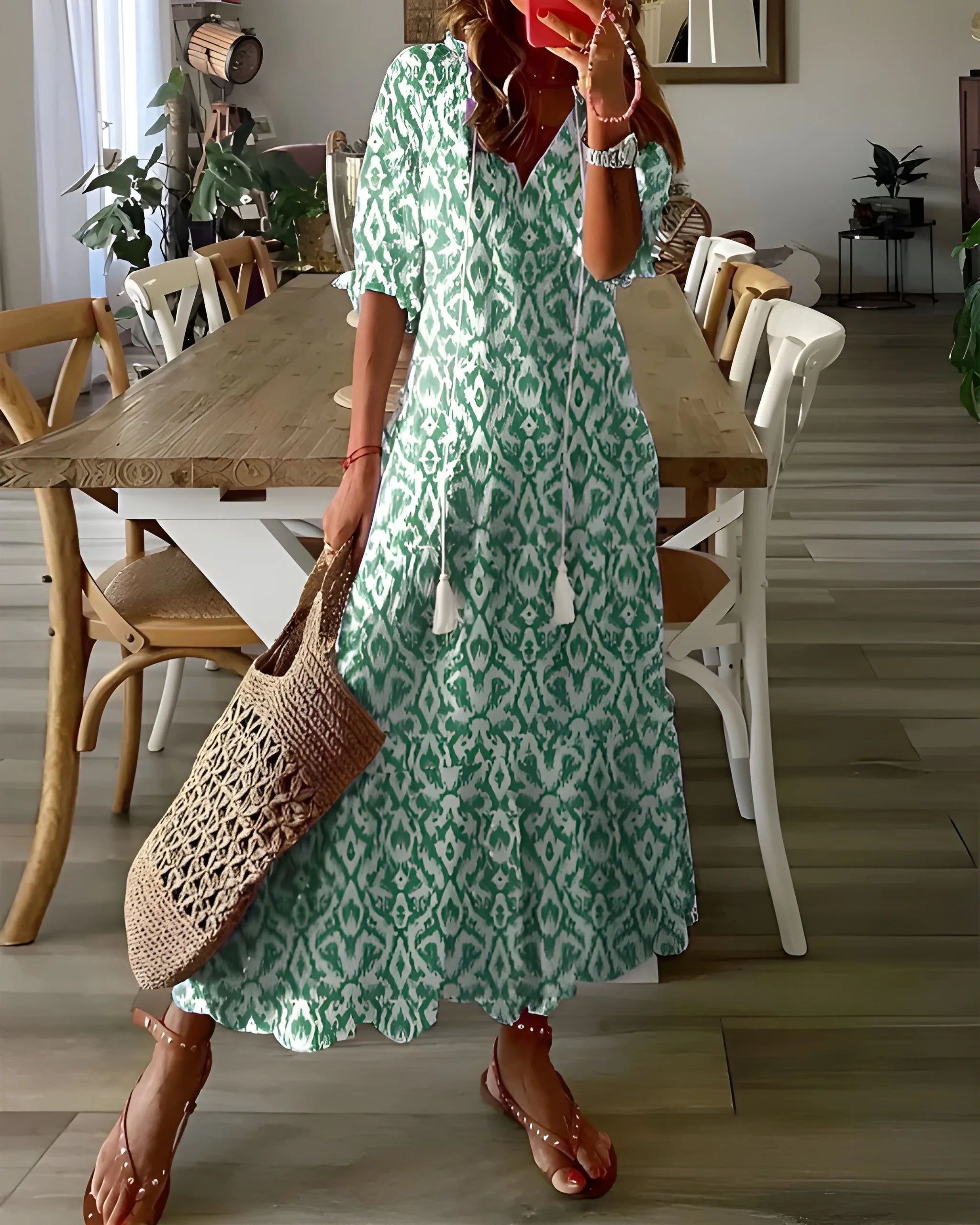 Women's Floral Boho Maxi Summer Dress with Tassel Details