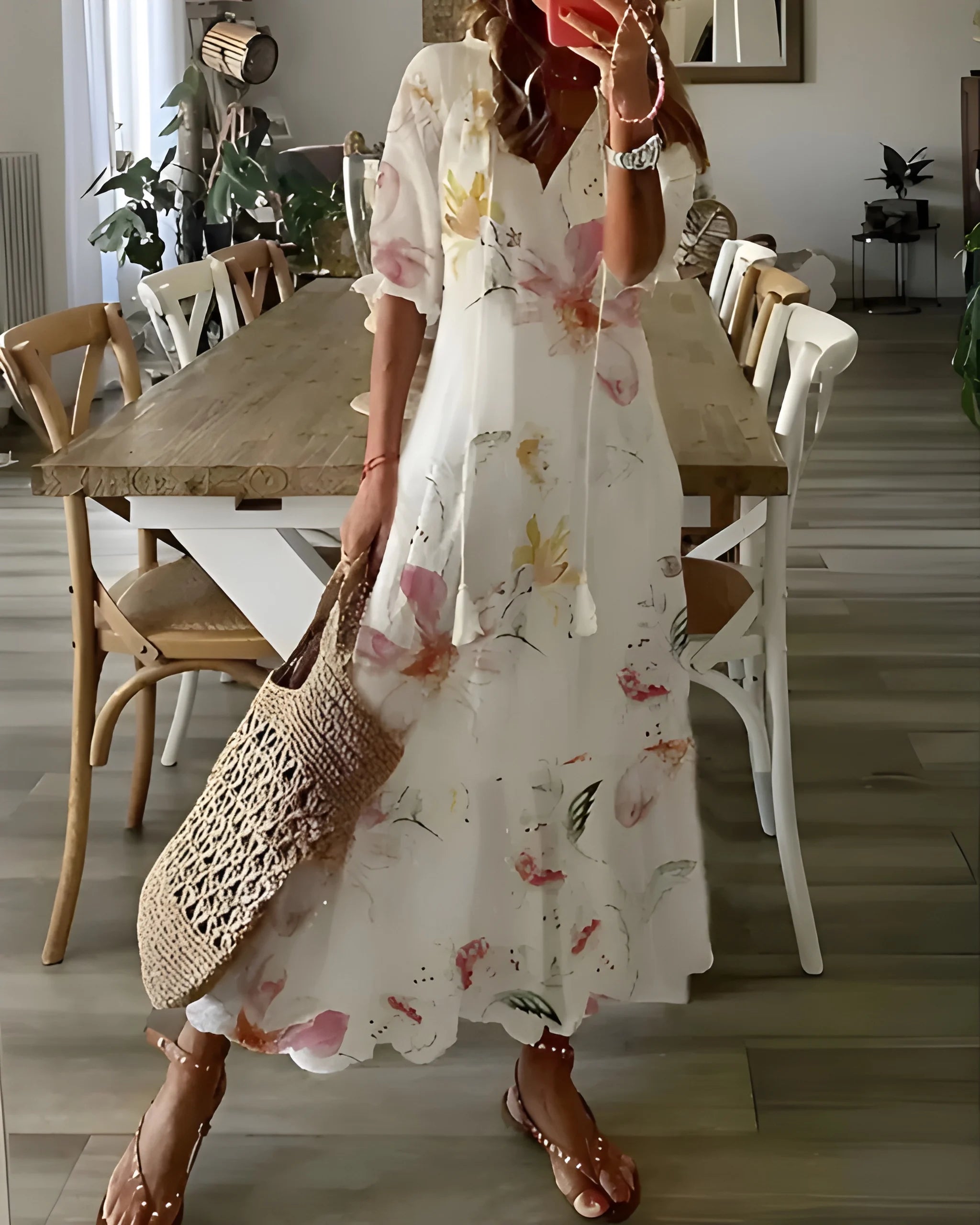 Women's Floral Boho Maxi Summer Dress with Tassel Details