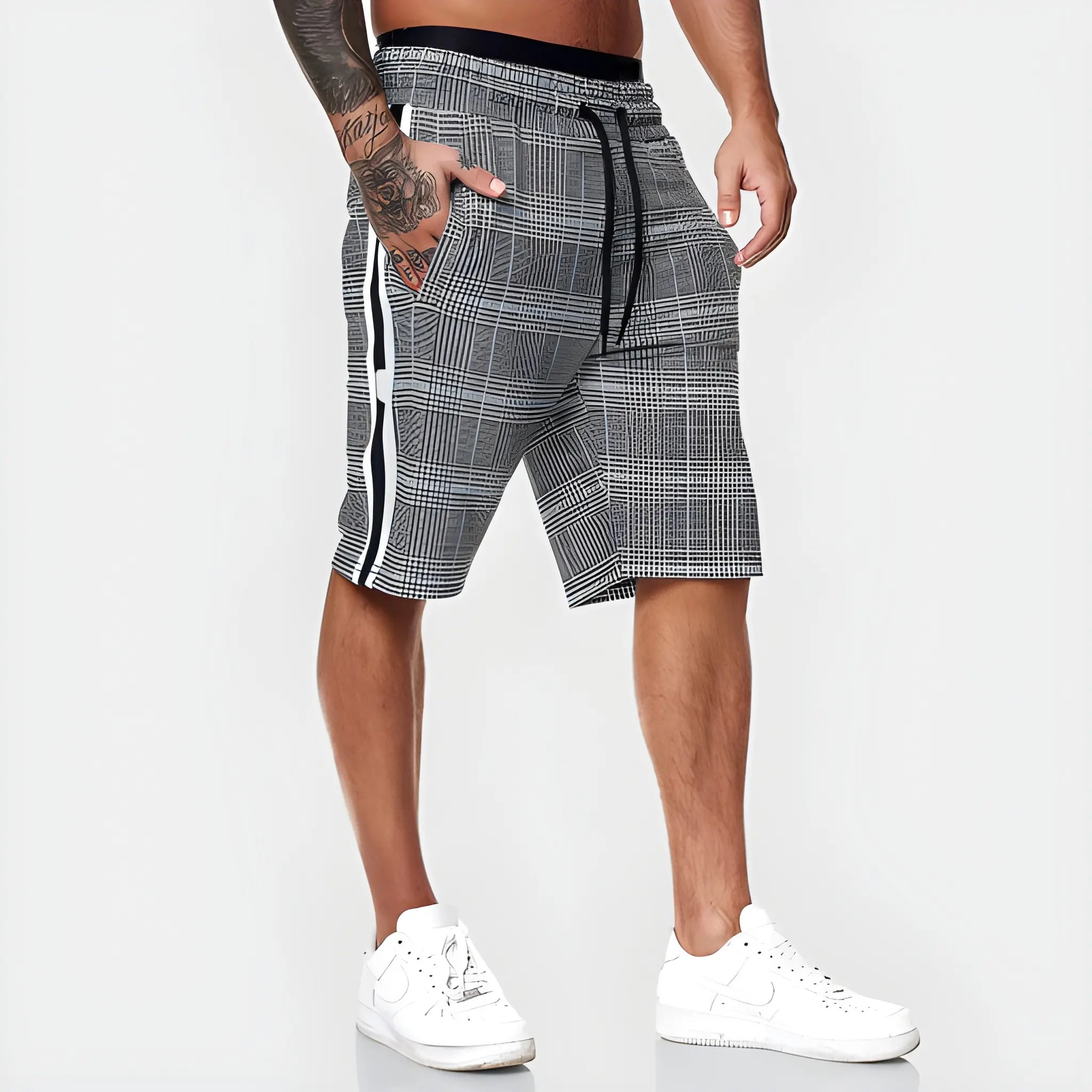 Men's Casual Plaid Shorts with Drawstring Waist and Pockets