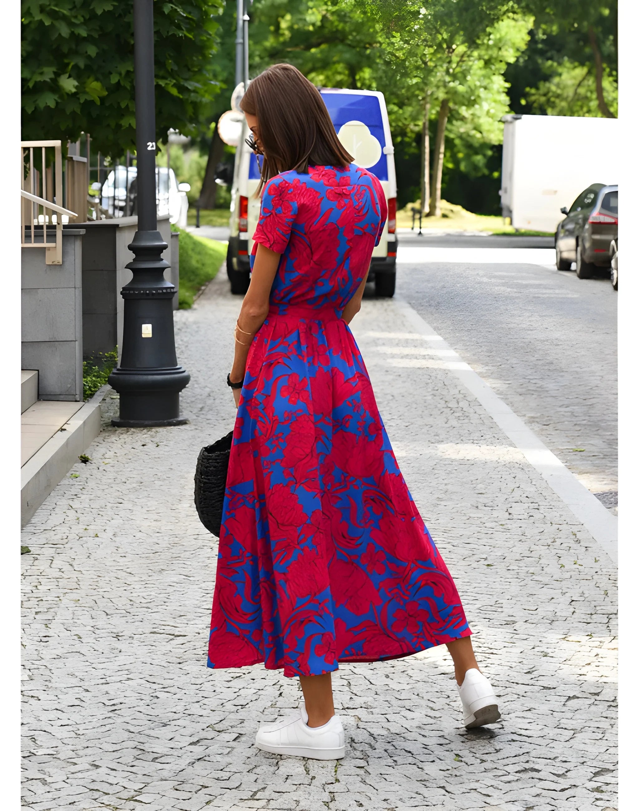 Women's Floral Flowy Midi Summer Dress with Short Sleeves