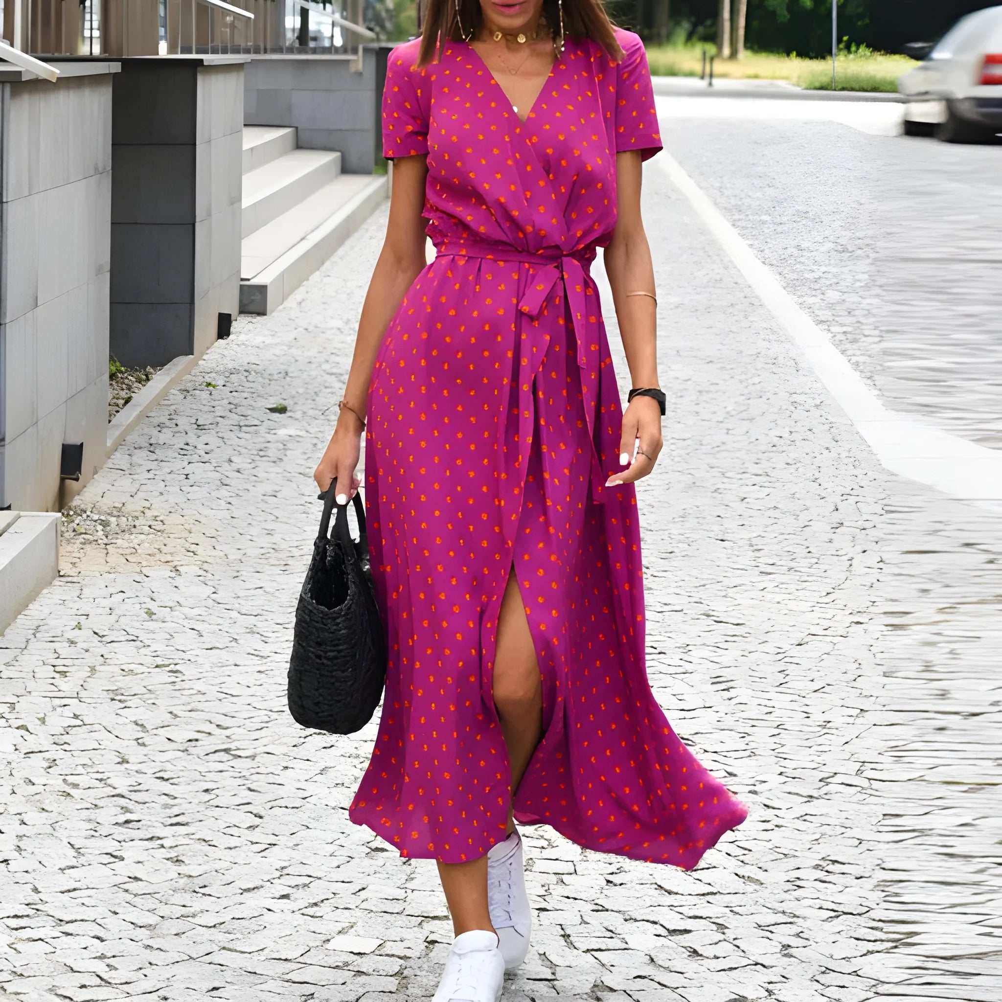 Women's Floral Flowy Midi Summer Dress with Short Sleeves