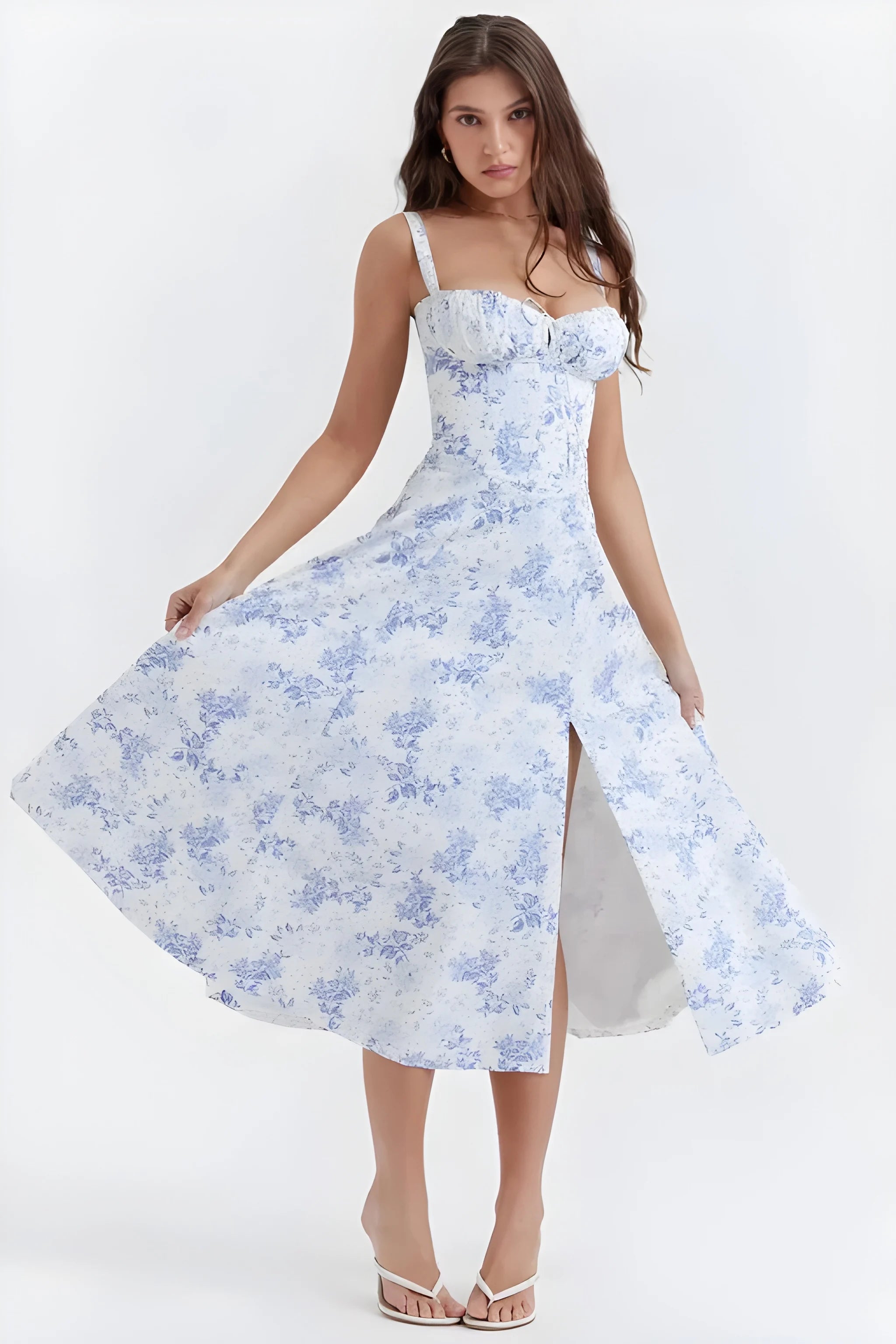 Women's Feminine Fashionable Midi Summer Dress with Bustier Bodice and Adjustable Straps