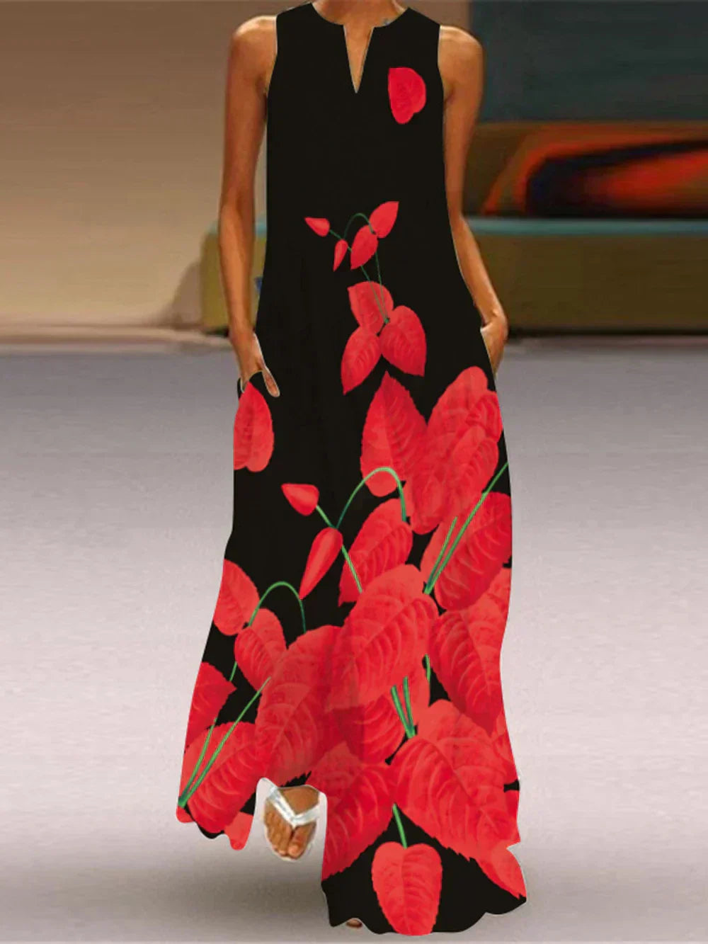 Women's Casual Maxi Summer Dress with V-Neck