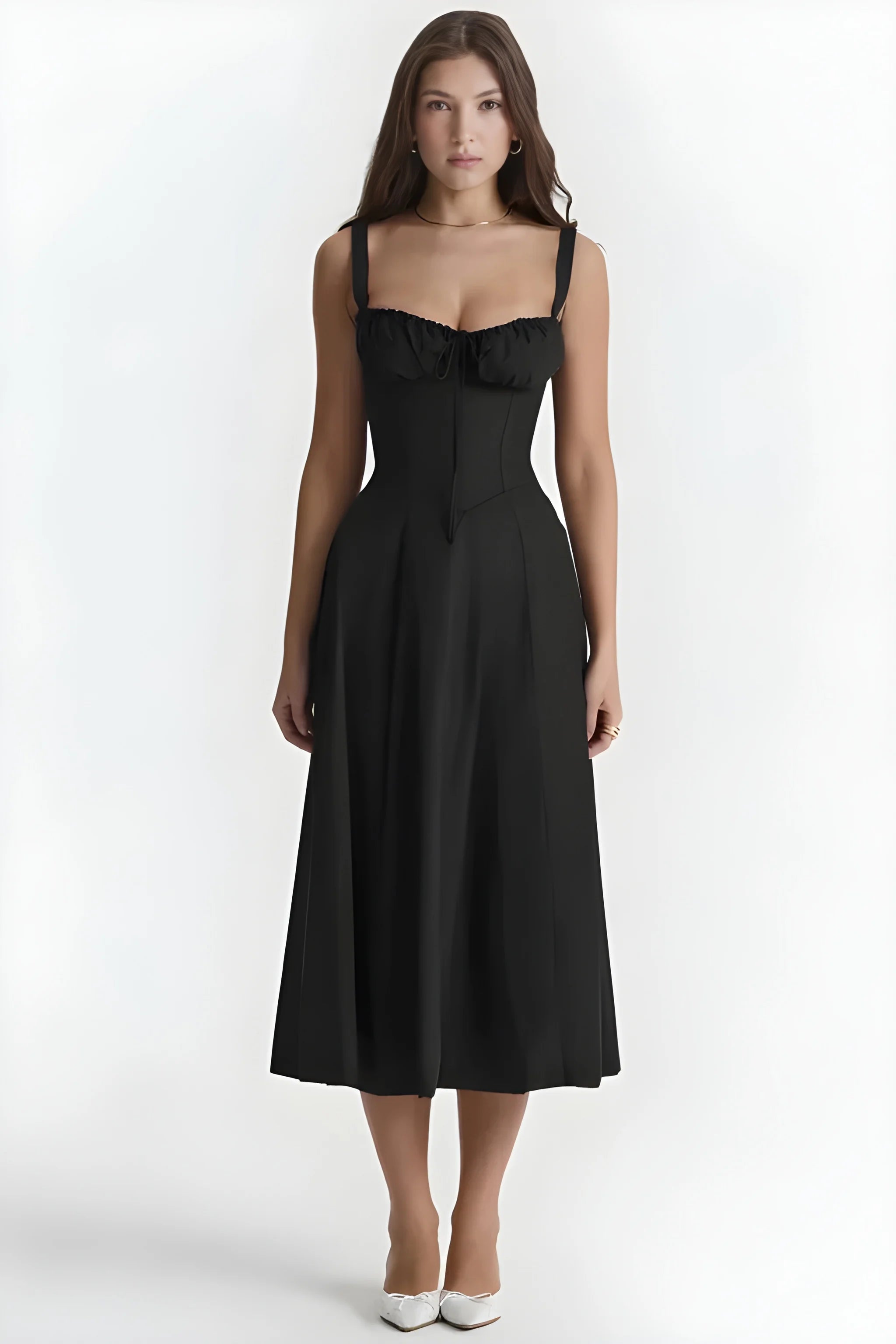 Women's Feminine Fashionable Midi Summer Dress with Bustier Bodice and Adjustable Straps