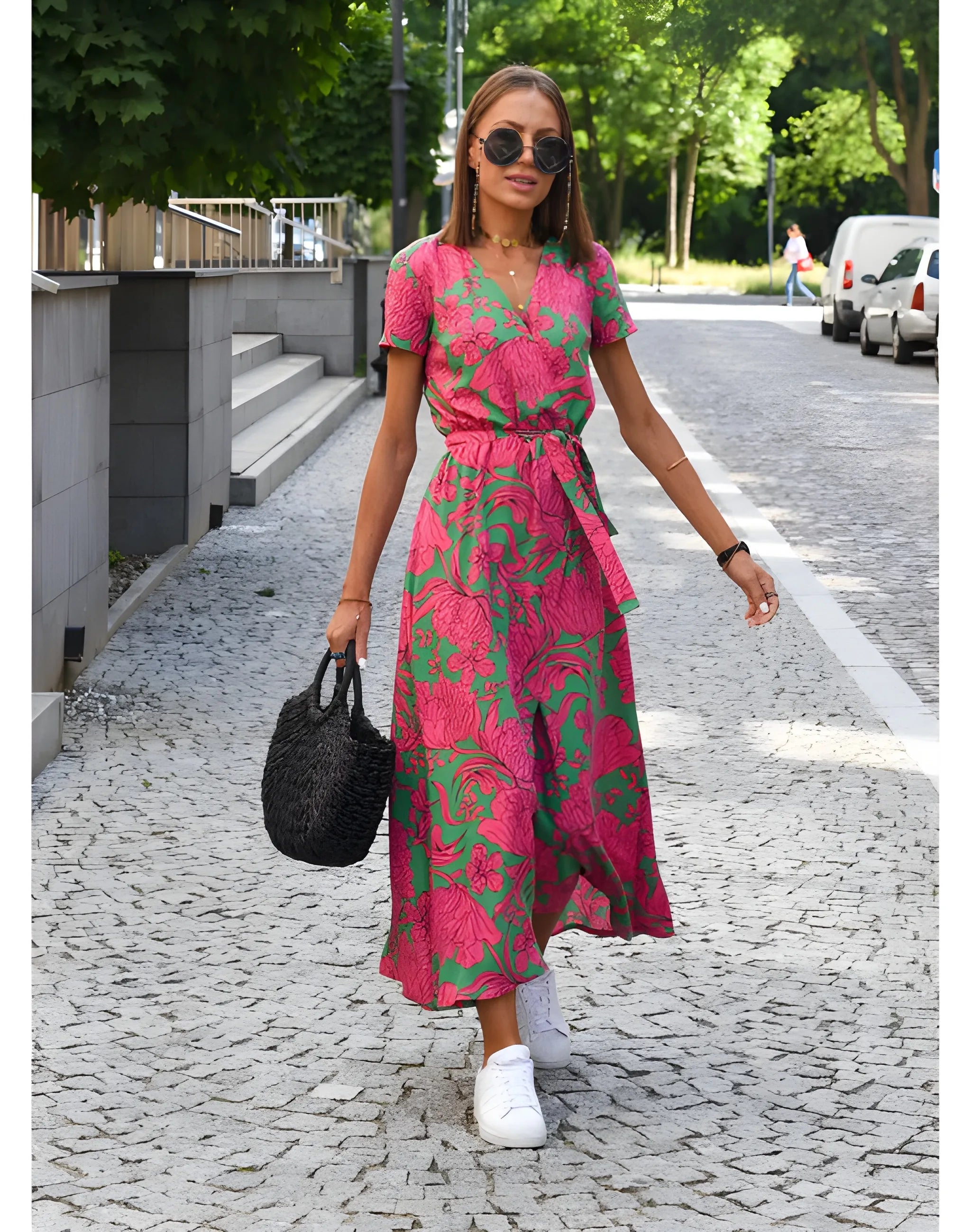 Women's Floral Flowy Midi Summer Dress with Short Sleeves