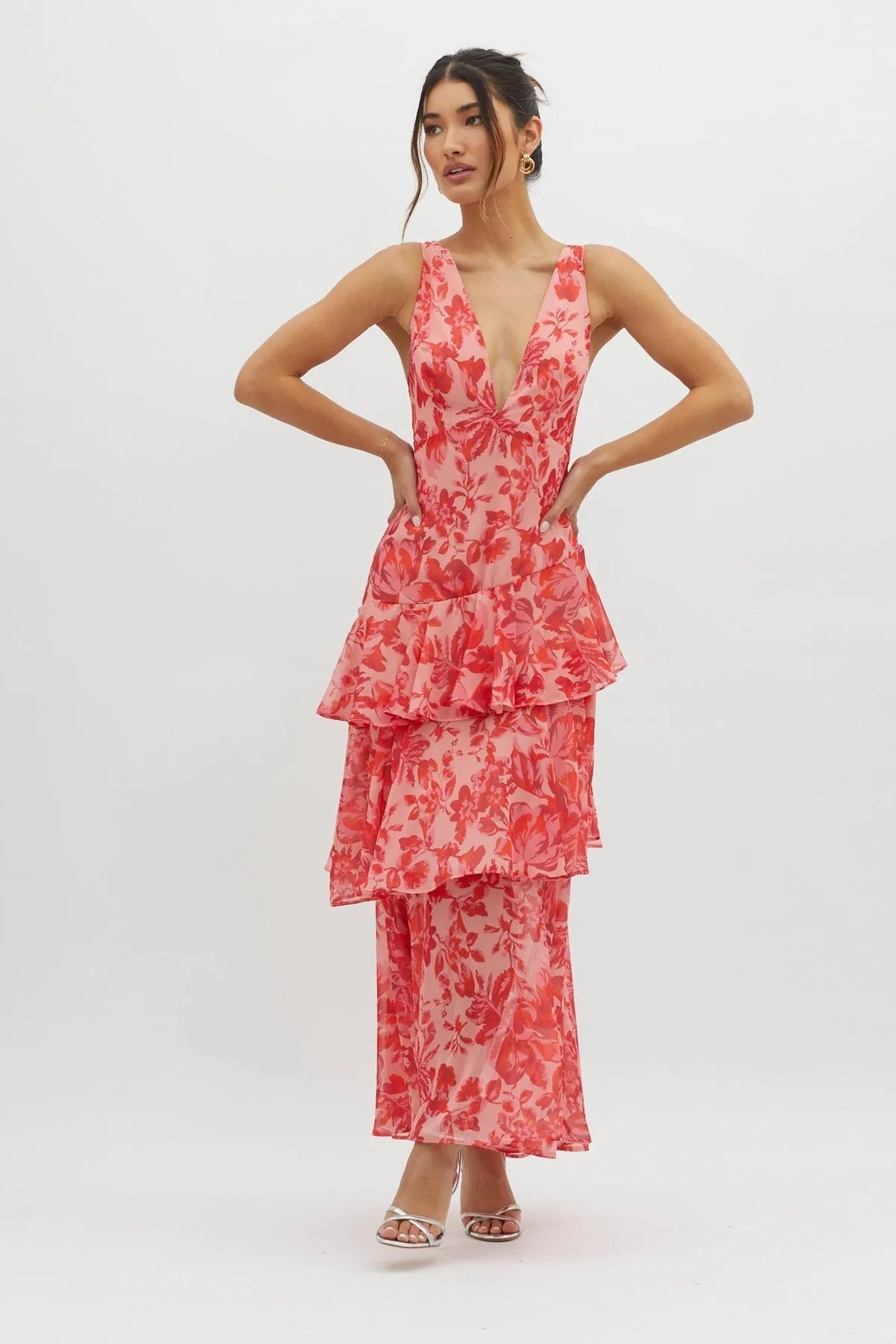 Women's Floral Ruffle Midi Summer Dress with V-Neck