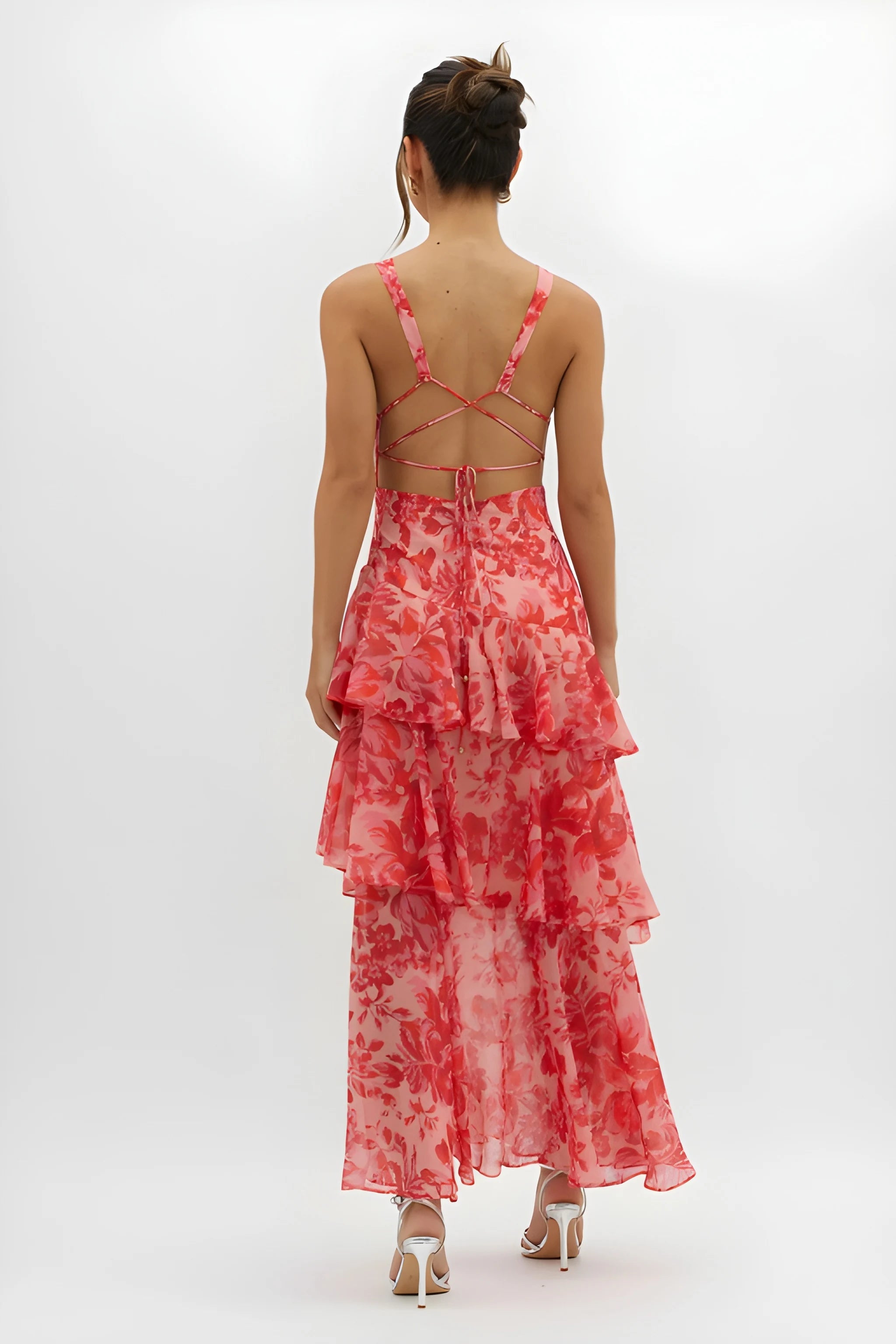Women's Floral Ruffle Midi Summer Dress with V-Neck