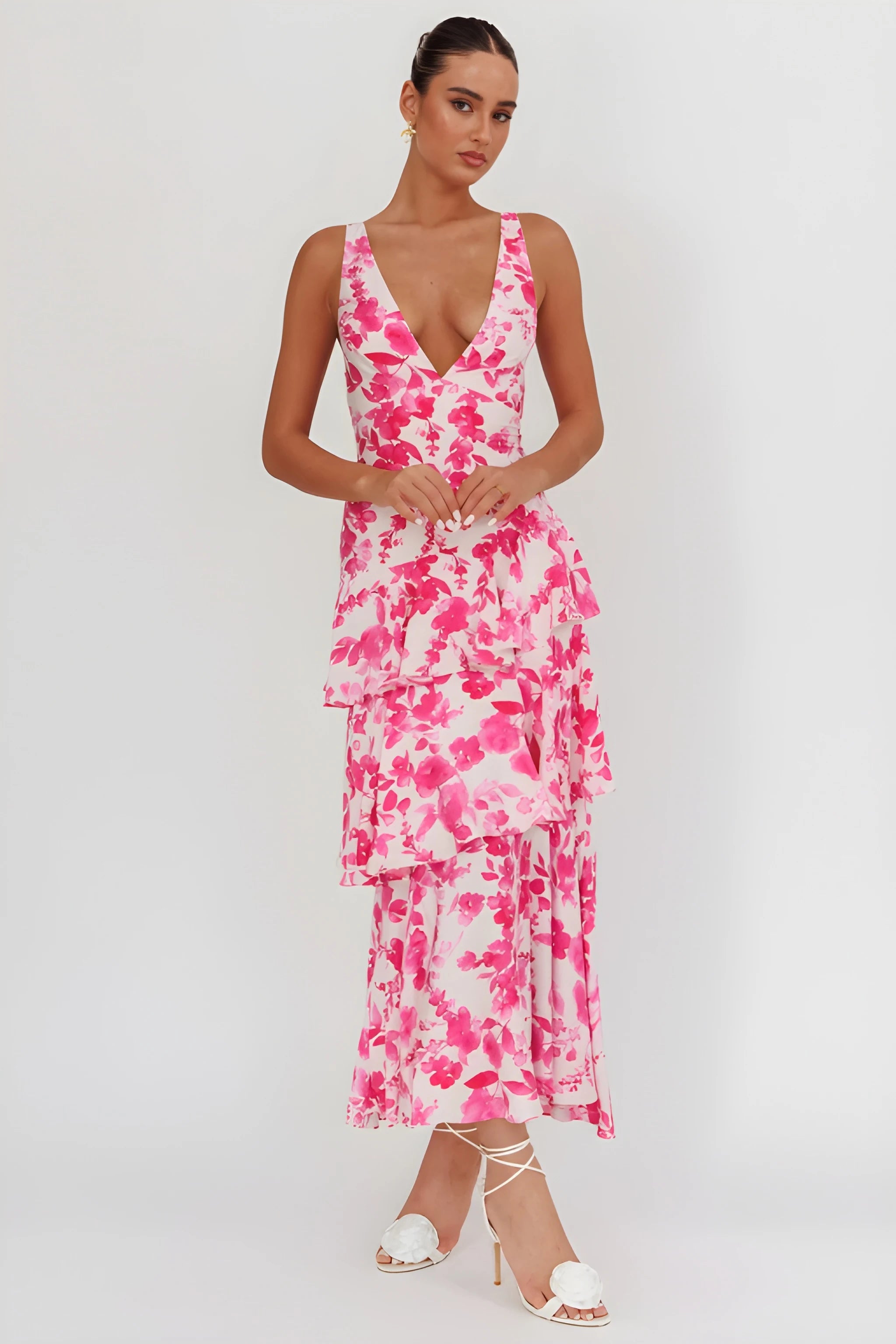 Women's Floral Ruffle Midi Summer Dress with V-Neck