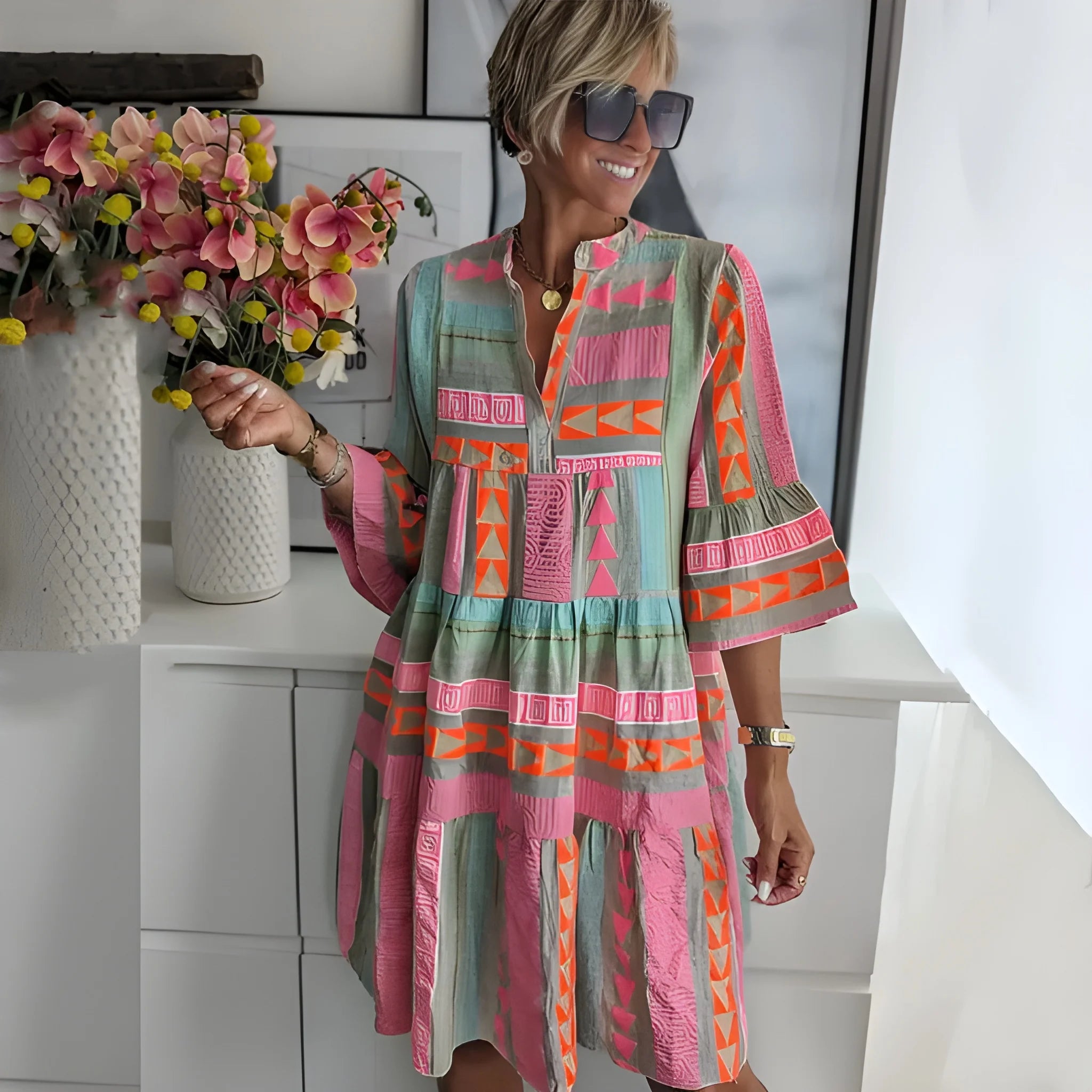 Women's Printed Boho Midi Summer Dress with V-Neck