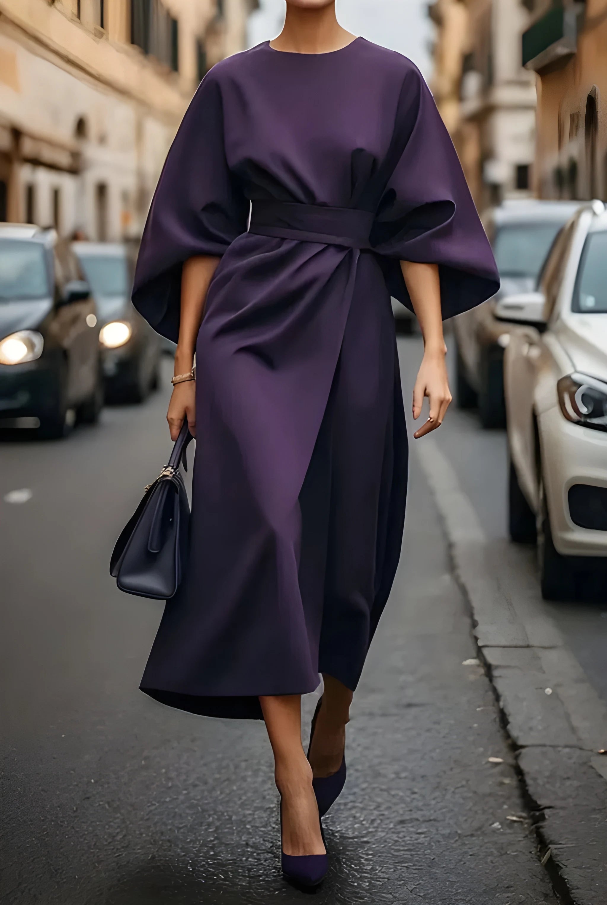 Women's Casual Elegant Midi Summer Dress with Puff Sleeve and High Neck